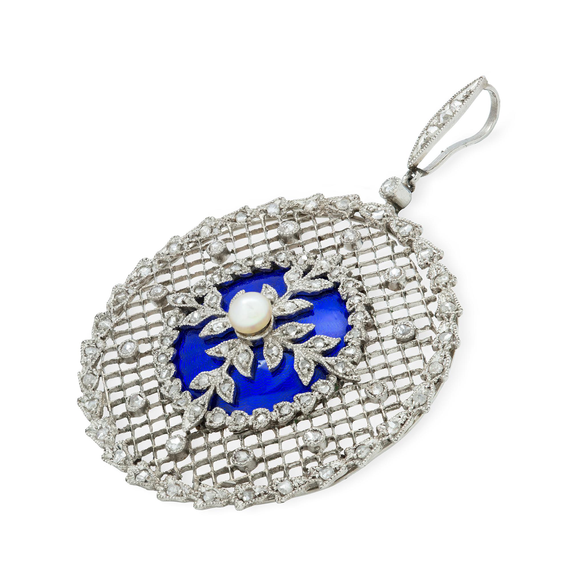 An Edwardian diamond, pearl and enamel pendant, the centre a pearl sitting on four branches of diamond-set leaves all set on blue enamel framed by a circular border of diamonds, surrounded by an openwork grid design set with diamonds to a