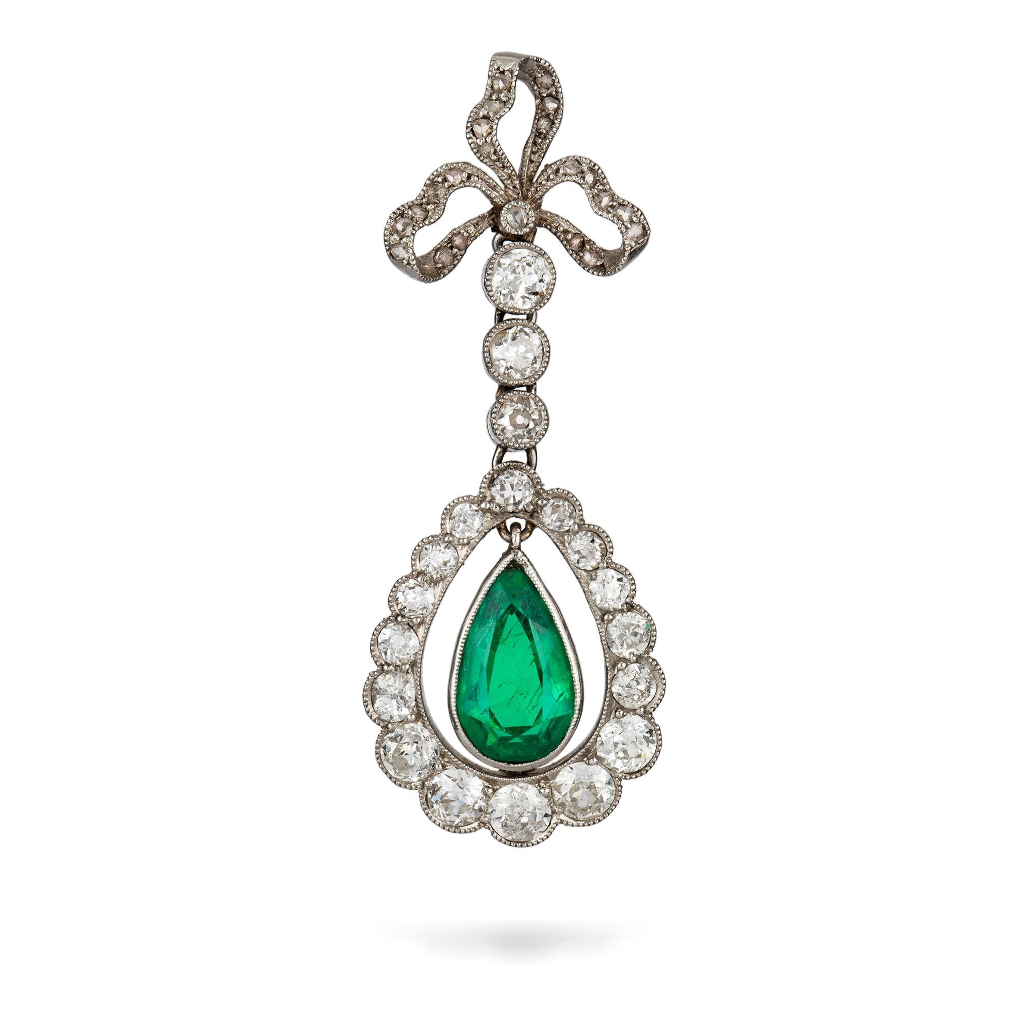 Pear Cut Edwardian Emerald and Diamond Drop Pendant