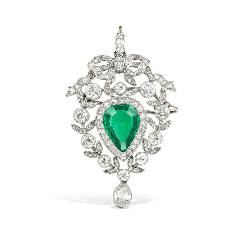 Emerald Cut Edwardian Emerald and Diamond Pendant/Brooch For Sale