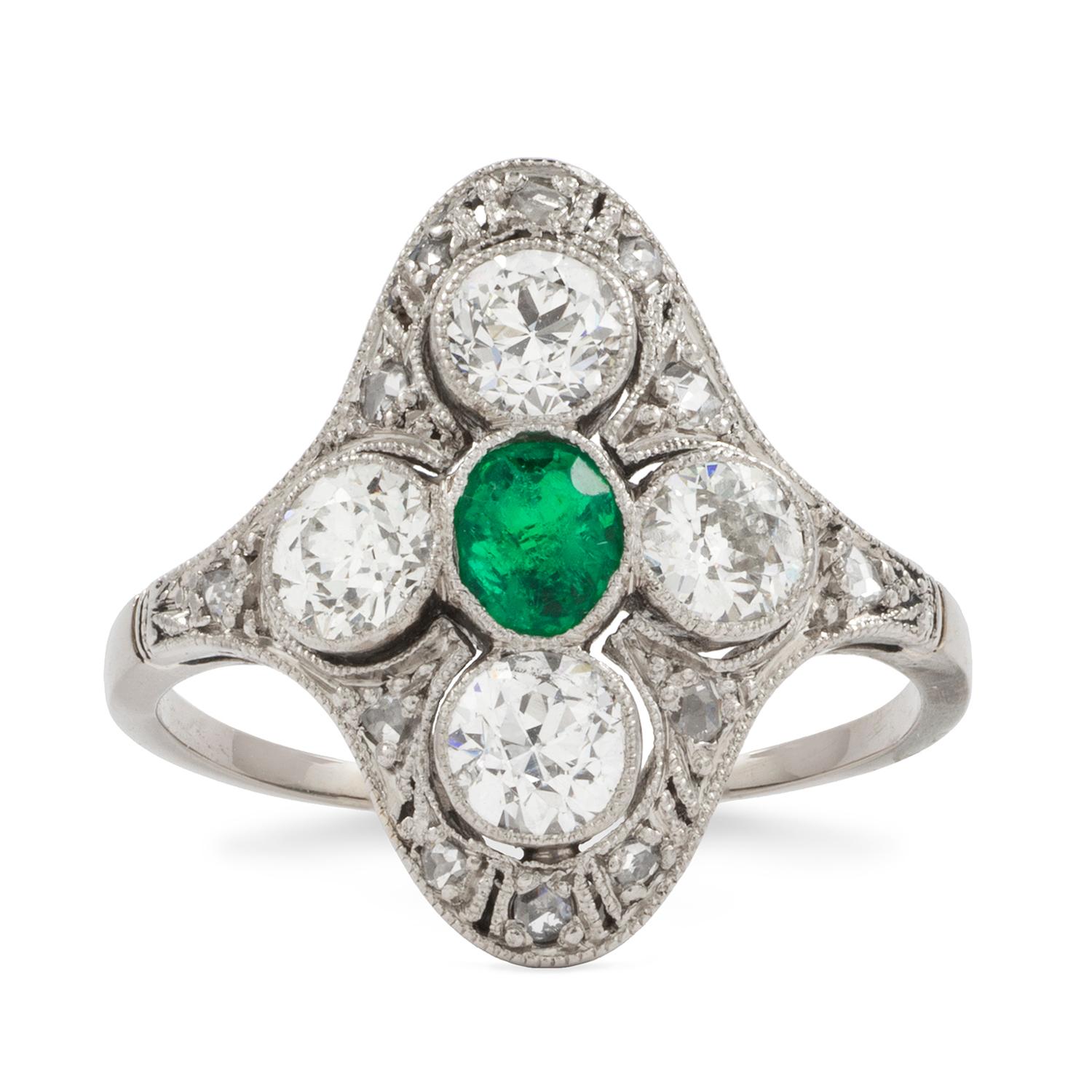 Brilliant Cut Edwardian Emerald and Diamond Plaque Ring For Sale