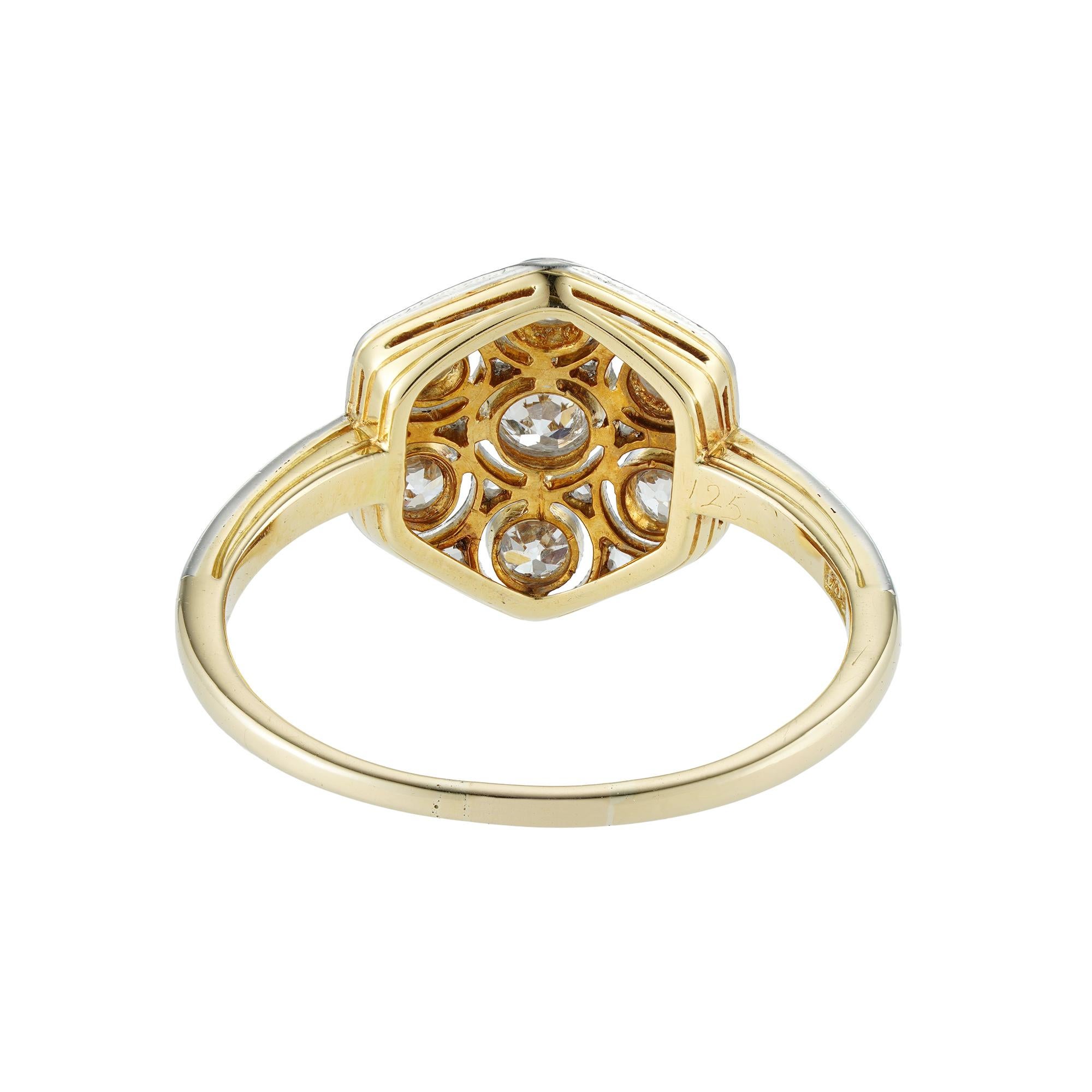 Old European Cut Edwardian Hexagonal Shaped Diamond Panel Ring For Sale