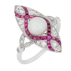Edwardian Marquise Diamond Pearl and Ruby Ring