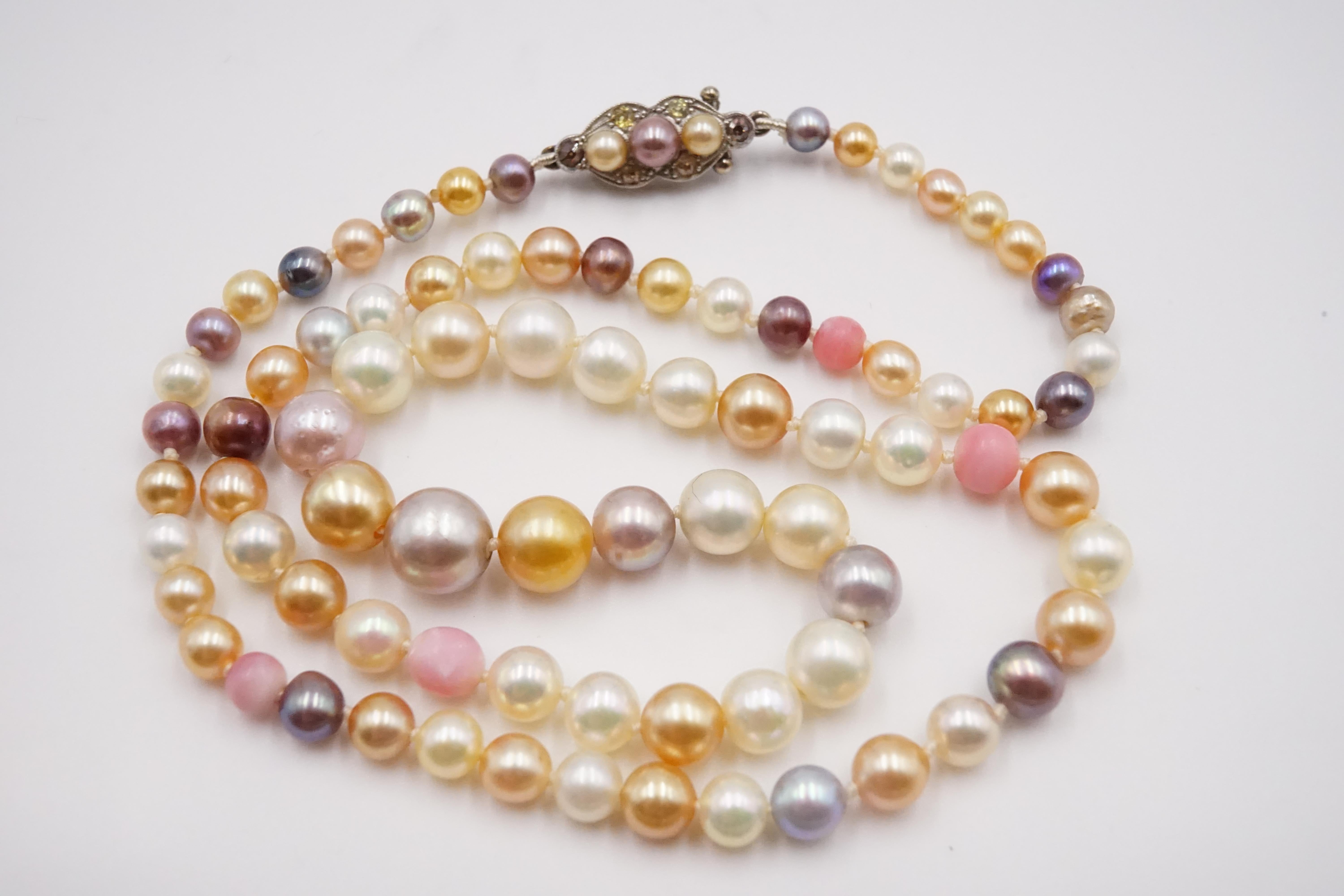 Old European Cut Edwardian Multicolored Natural Pearl, Colored Diamond Necklace Earring Set