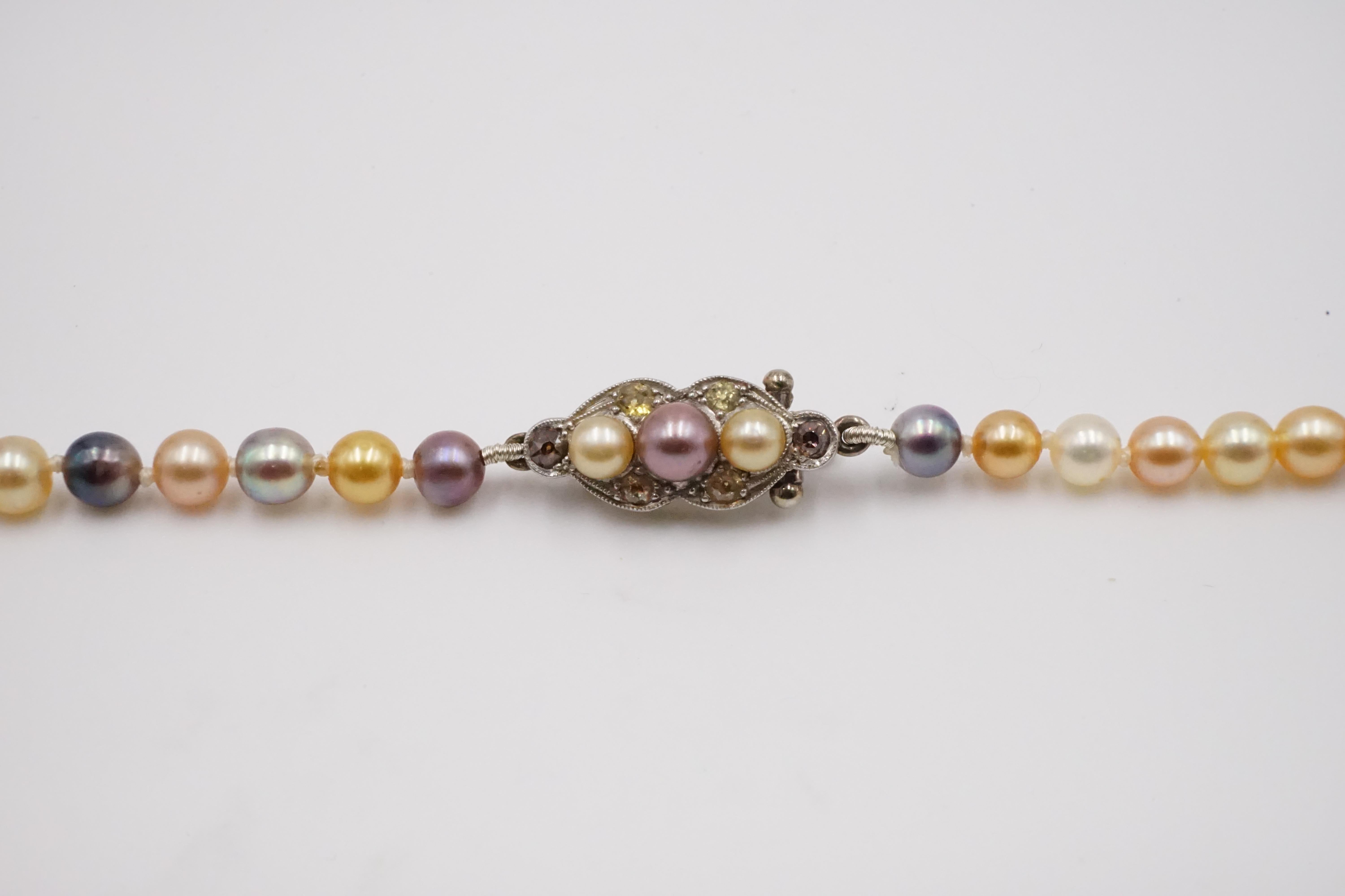 Women's or Men's Edwardian Multicolored Natural Pearl, Colored Diamond Necklace Earring Set
