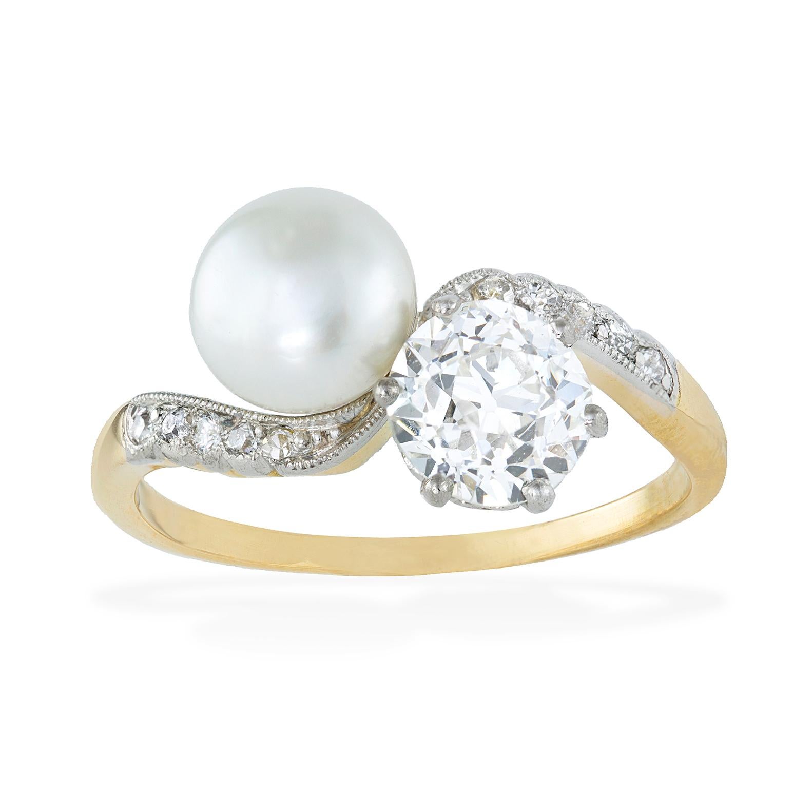 Round Cut Edwardian Natural Pearl and Diamond Cross over Ring For Sale