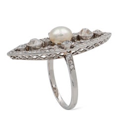 Edwardian Natural Pearl and Diamond Navette-Shaped Ring