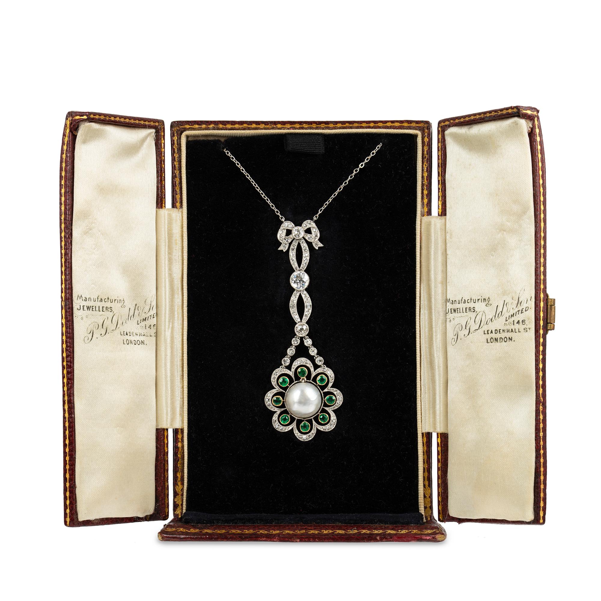 Old European Cut Edwardian Natural Pearl, Diamond and Emerald Pendant For Sale
