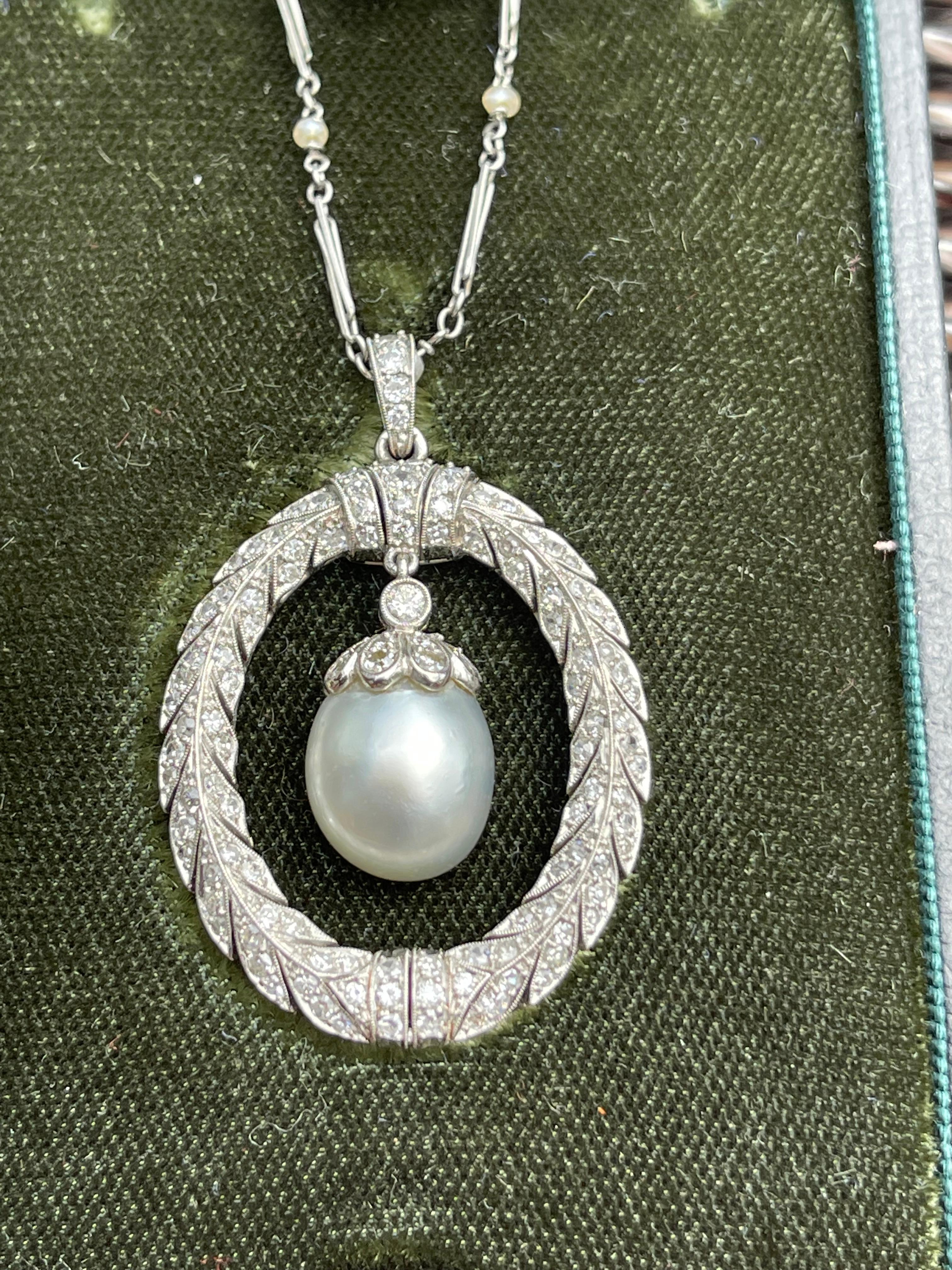 Edwardian Natural Saltwater Pearl Platinum Necklace In Excellent Condition In London, GB