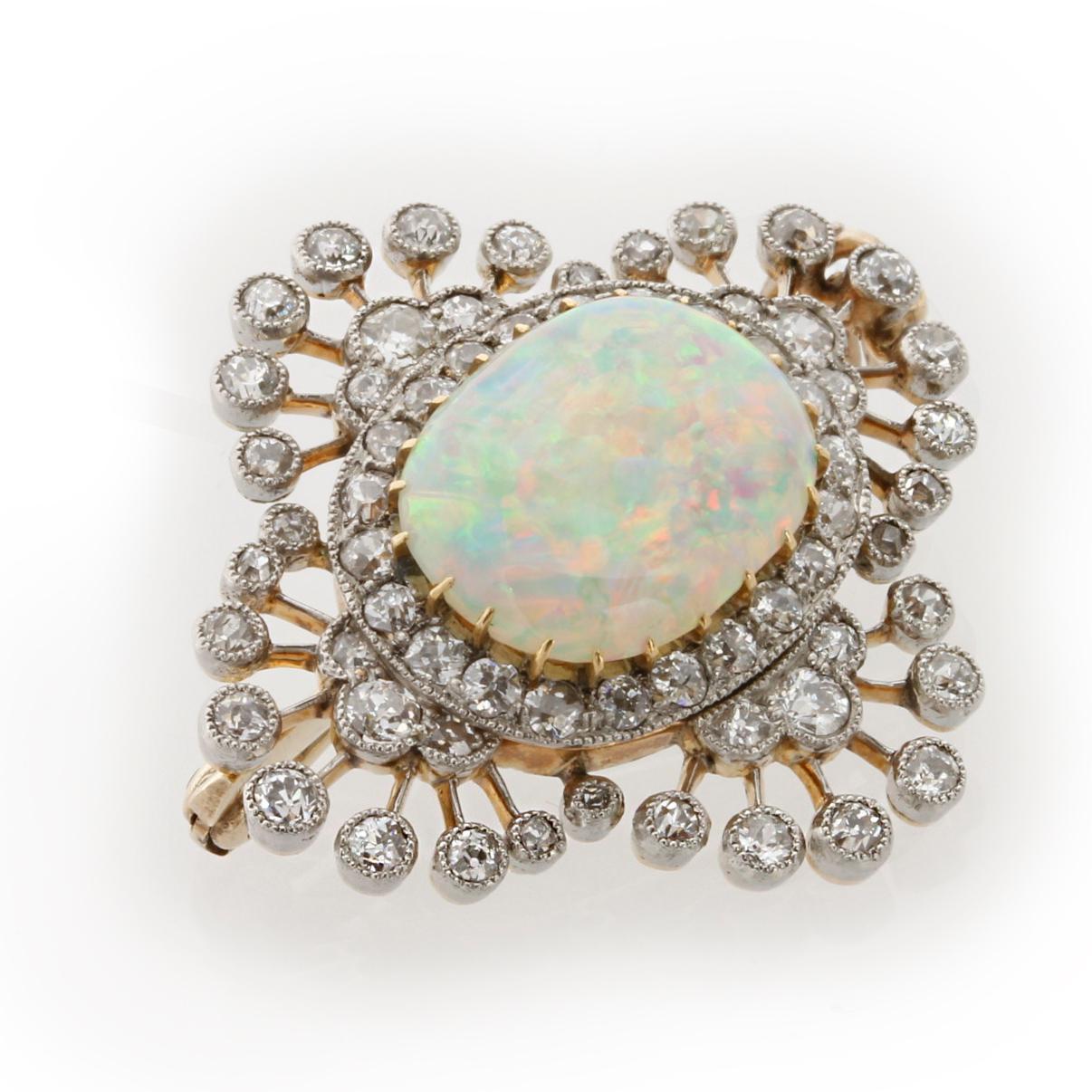 Cabochon Edwardian Opal and Diamond Brooch For Sale