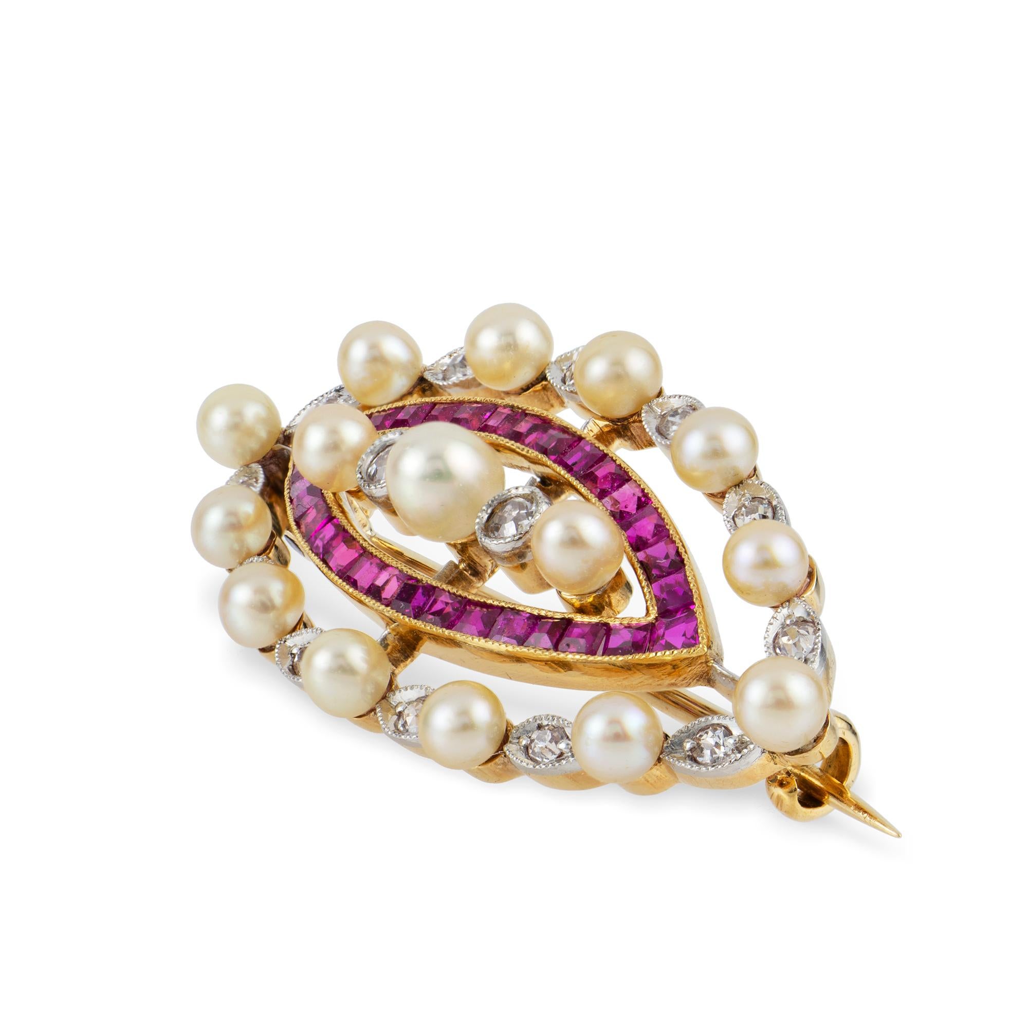 An Edwardian pearl diamond and ruby brooch, to the centre three pearls horizontally set with two swiss-cut diamonds in-between, surrounded by a marquise-shape frame encrusted with calibre-cut rubies and an outer frame consisted of twelve pearls