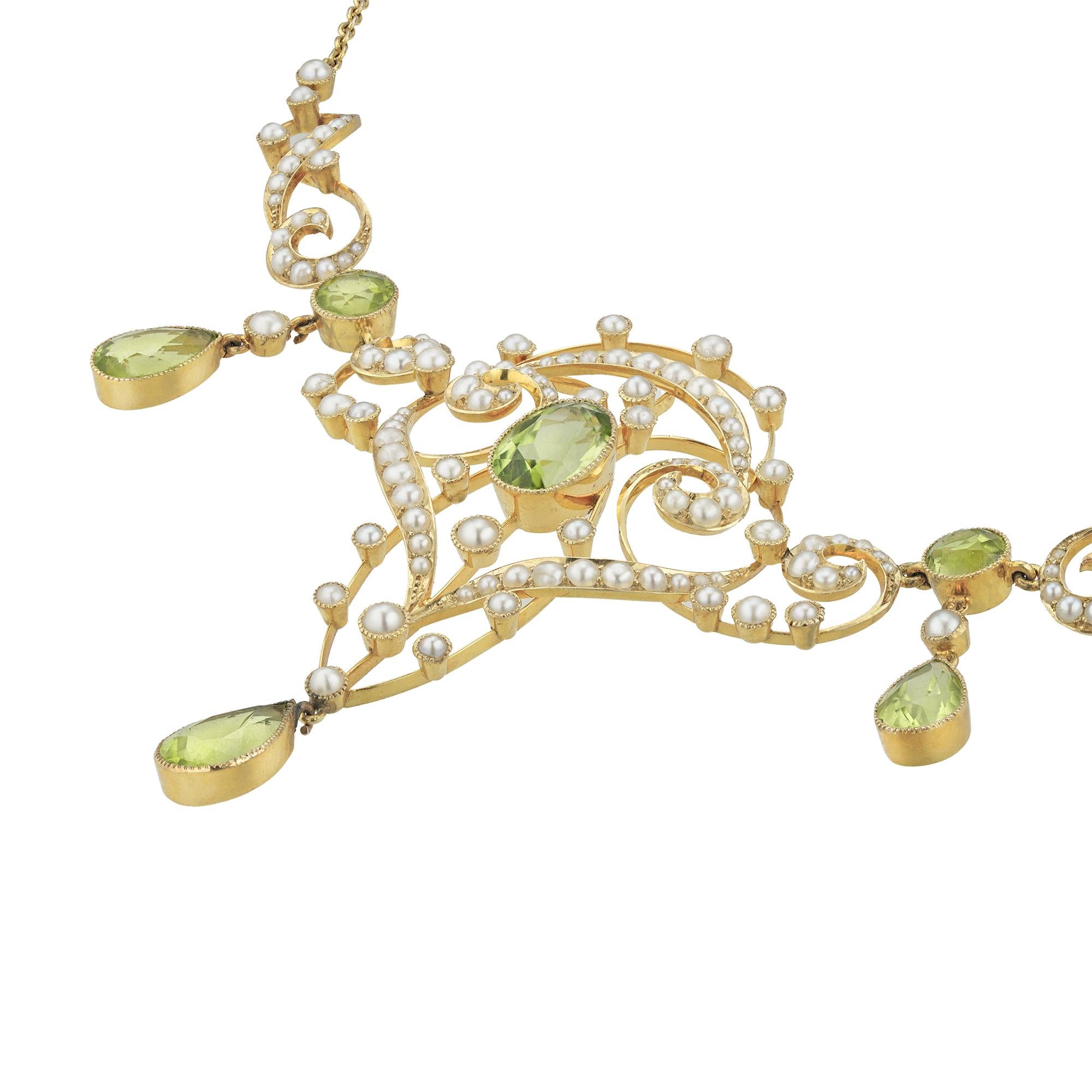 Pear Cut An Edwardian Peridot And Pearl Necklace For Sale