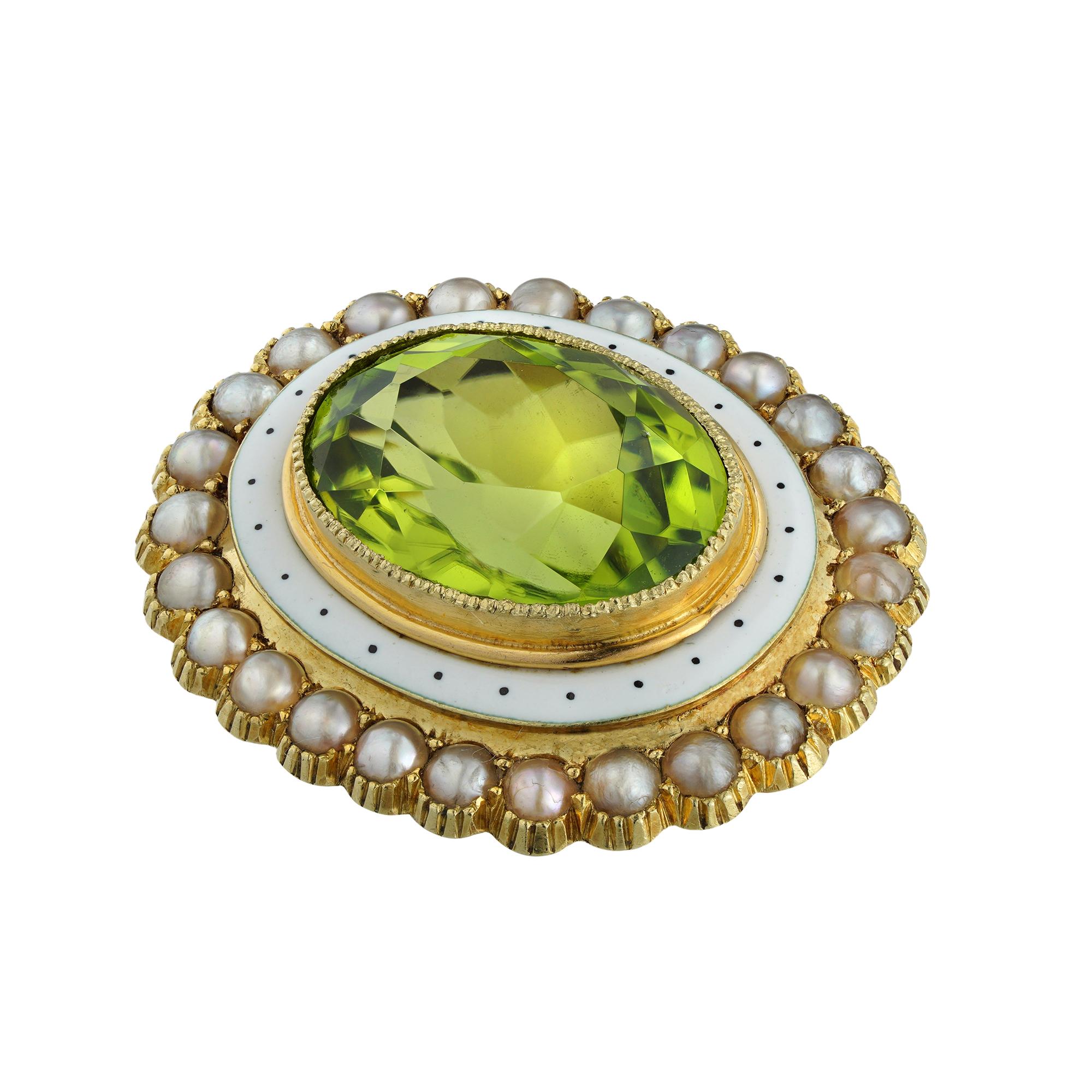 An Edwardian peridot, pearl and enamel brooch, the oval-cut peridot, estimated to weigh 4.75 carats, surrounded by concentric borders of white enamel and half-pearls, all set in yellow gold, with gold brooch fitting, marked 15ct, circa 1900,