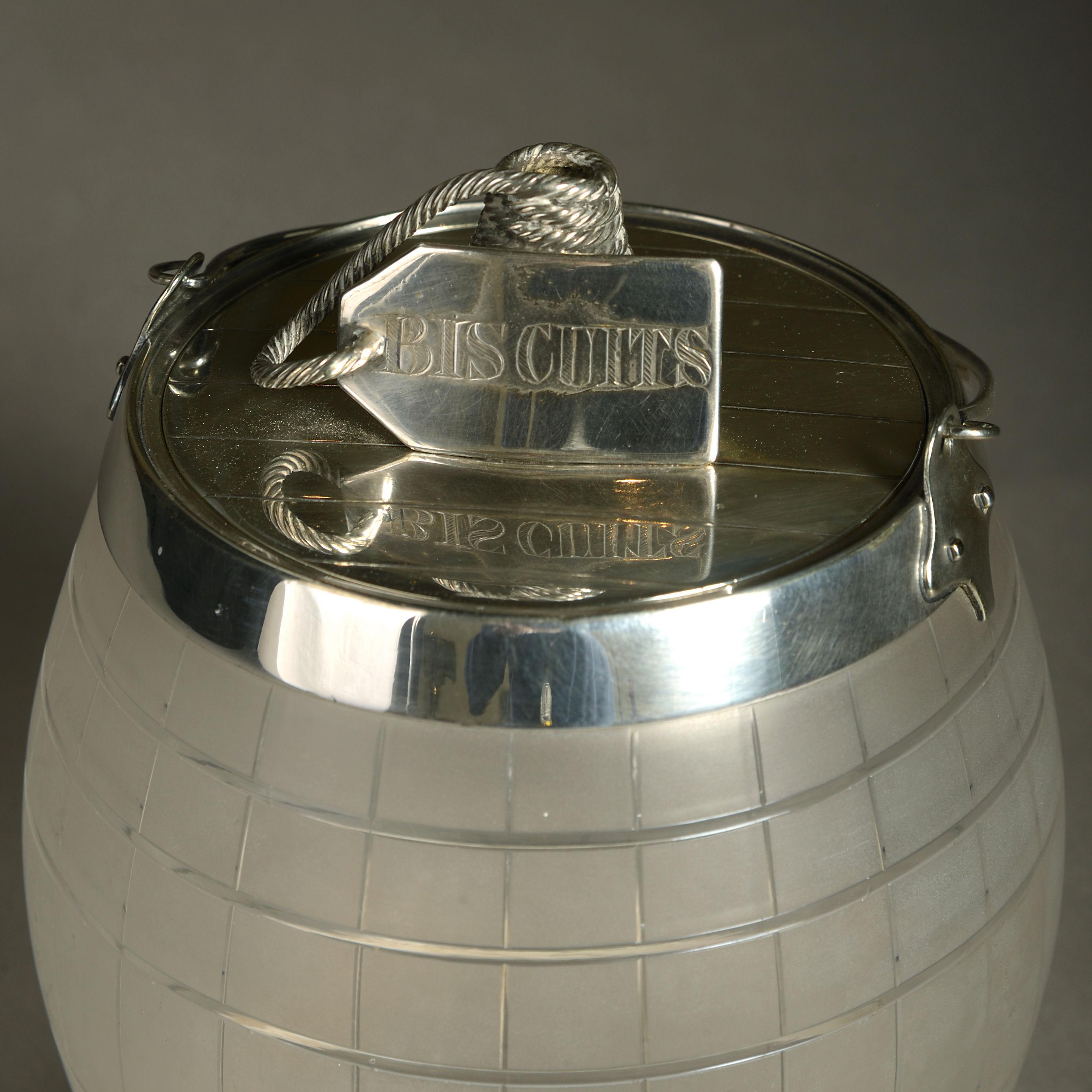 English Edwardian Period Silver Plated and Glass Biscuit Barrel
