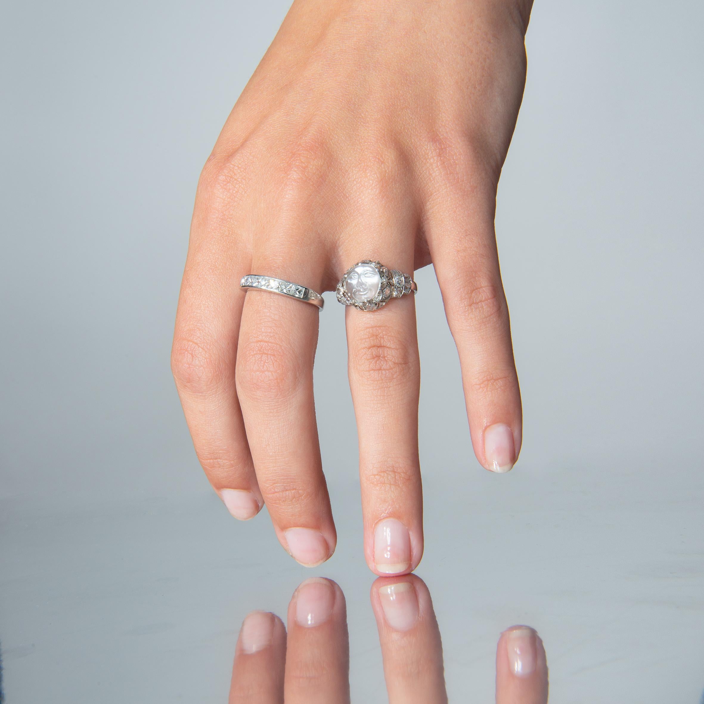 Edwardian Platinum Ring with Moonstone and Diamond 2