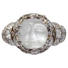 Bague édouardienne en platine avec pierre de lune et diamants