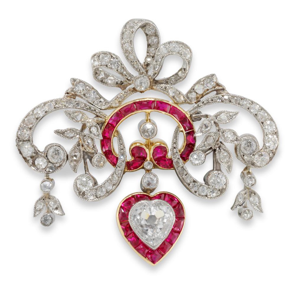 Old European Cut Edwardian Ruby and Diamond Brooch Pendant For Sale