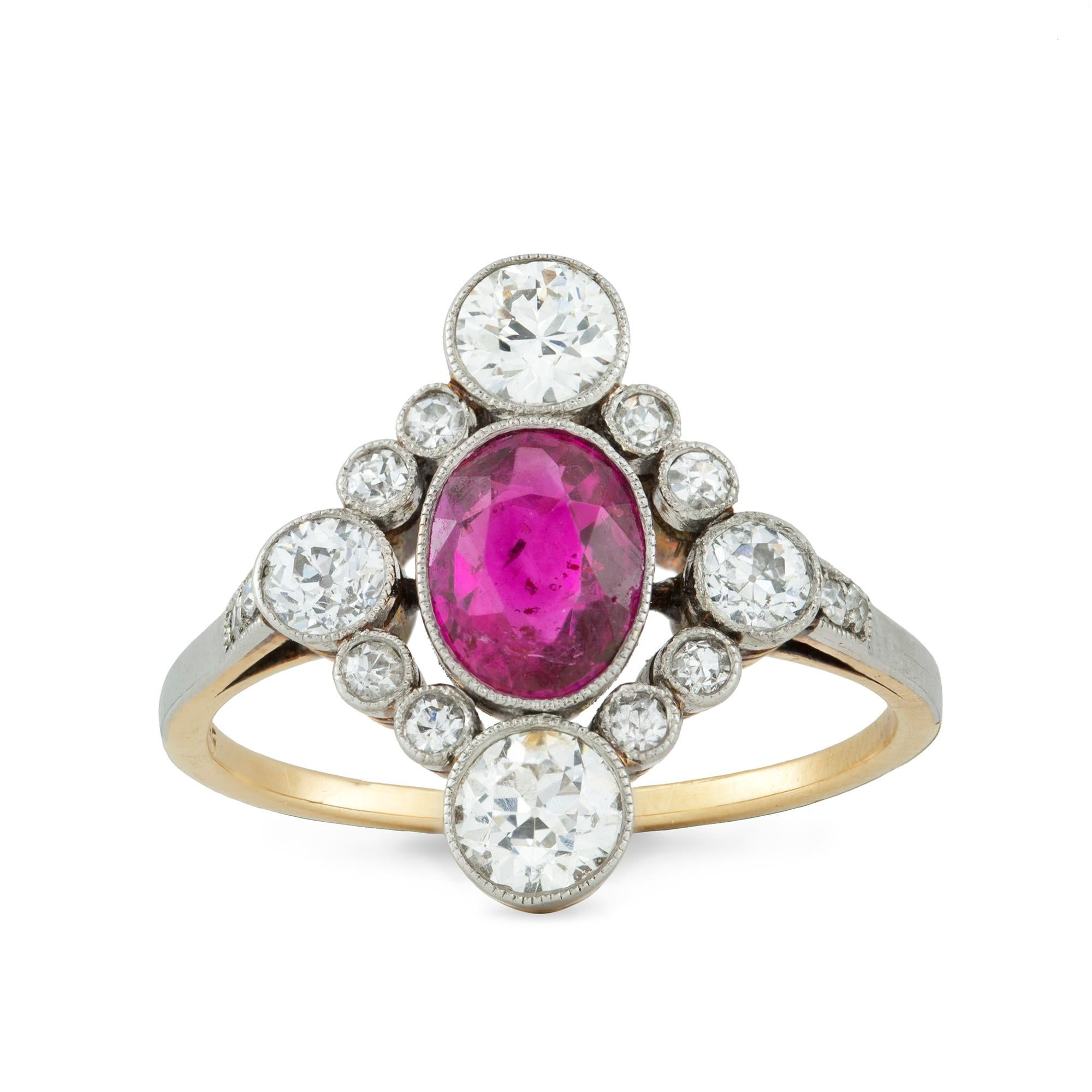 Old European Cut Edwardian Ruby and Diamond Cluster Ring For Sale