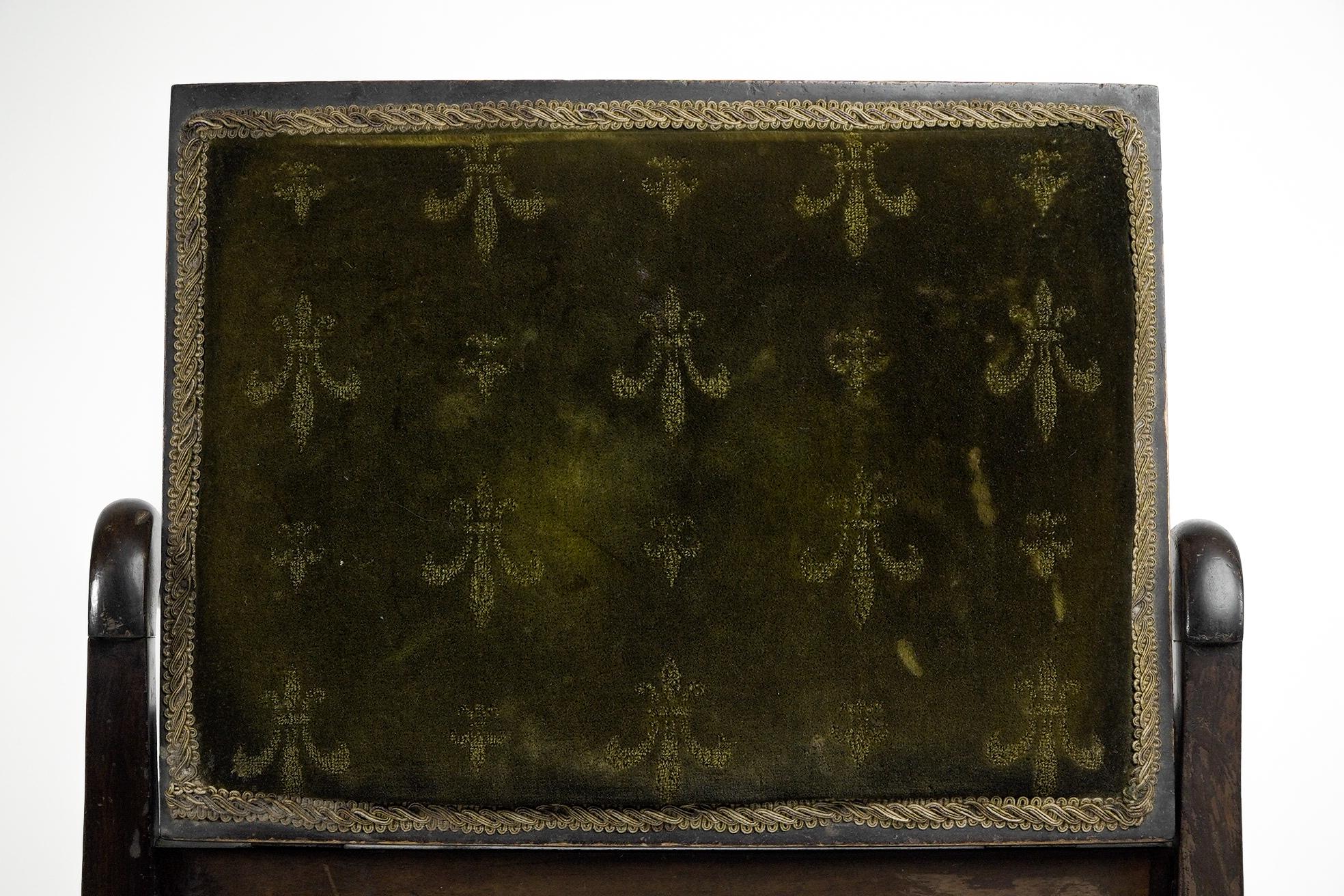 An Edwardian stained Beech piano stool with period green fleur de lys fabric. 8