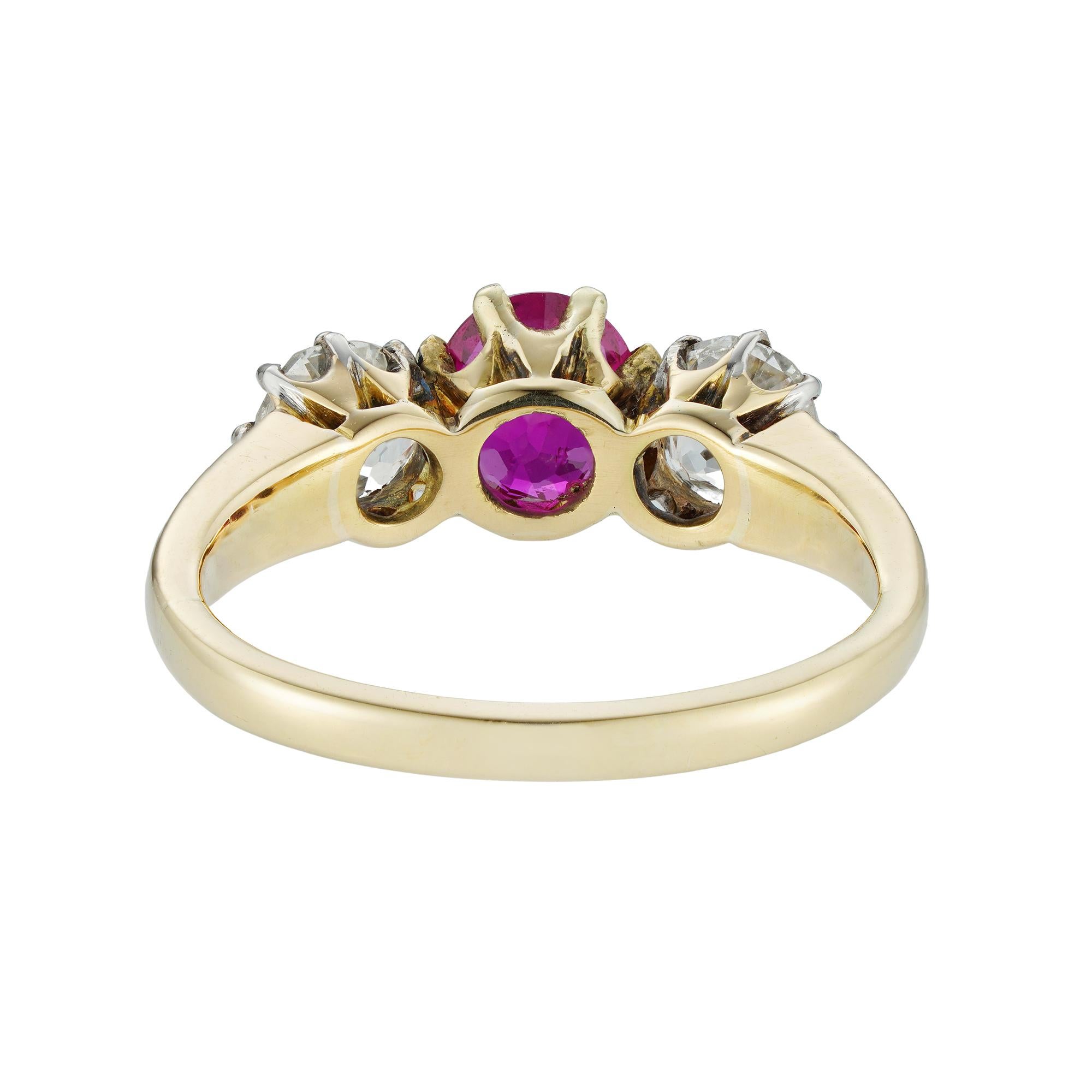 Brilliant Cut Edwardian Three-Stone Ruby and Diamond Ring For Sale