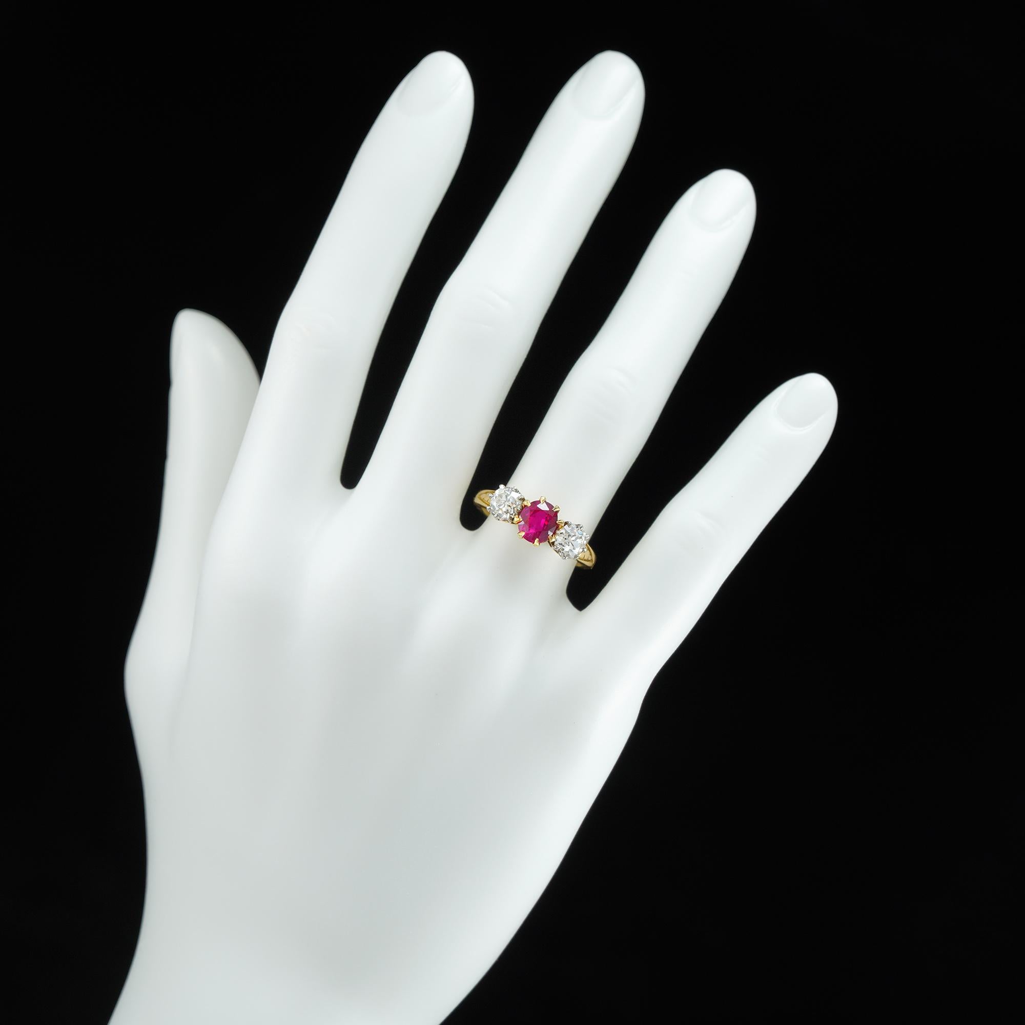 Women's or Men's Edwardian Three-Stone Ruby and Diamond Ring For Sale