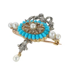 Edwardian Turquoise, Pearl, and Diamond Brooch