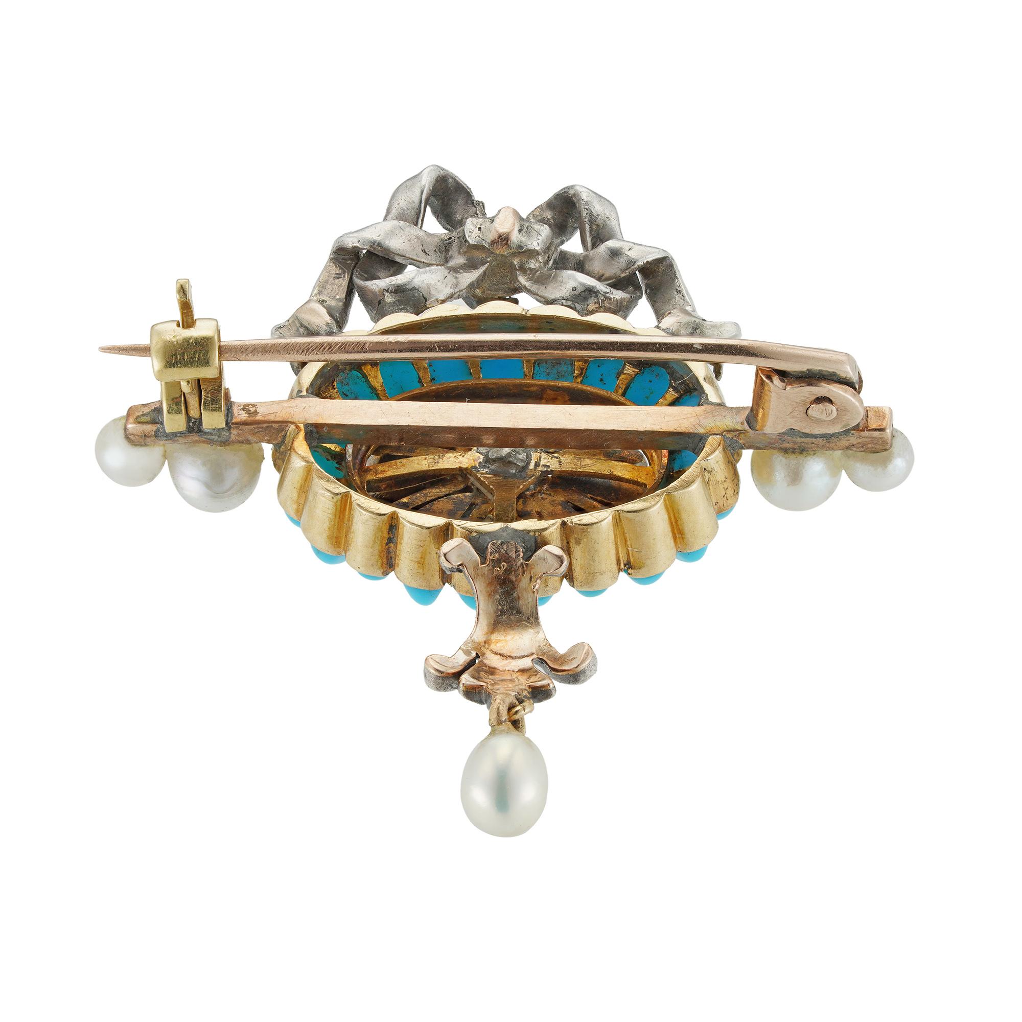Round Cut Edwardian Turquoise, Pearl, and Diamond Brooch For Sale