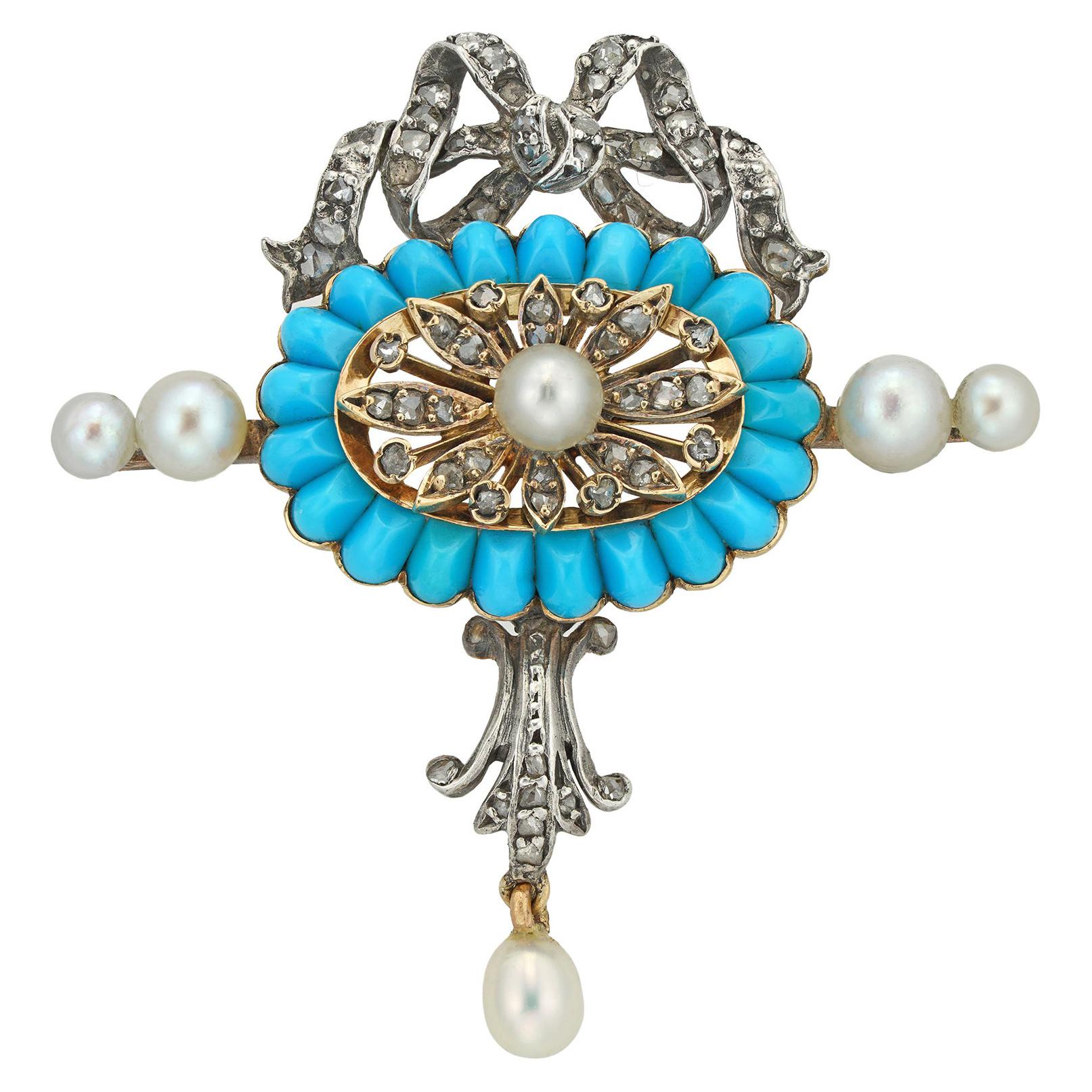 Edwardian Turquoise, Pearl, and Diamond Brooch