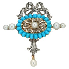 Broche édouardienne en turquoise, perles et diamants