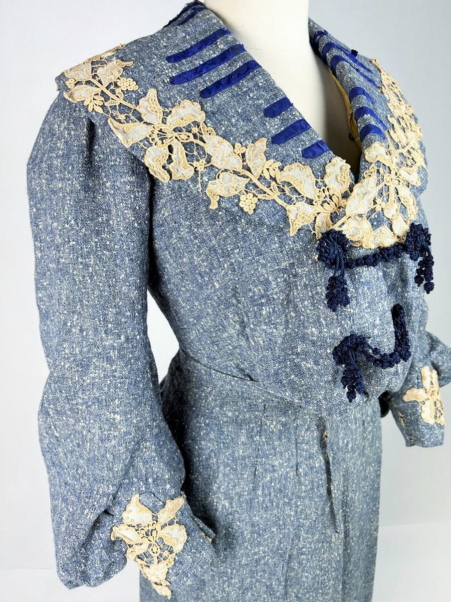 Robe de jour d'A Winter de l'époque édouardienne, en laine Chiné bleue - France Circa 1905 en vente 3