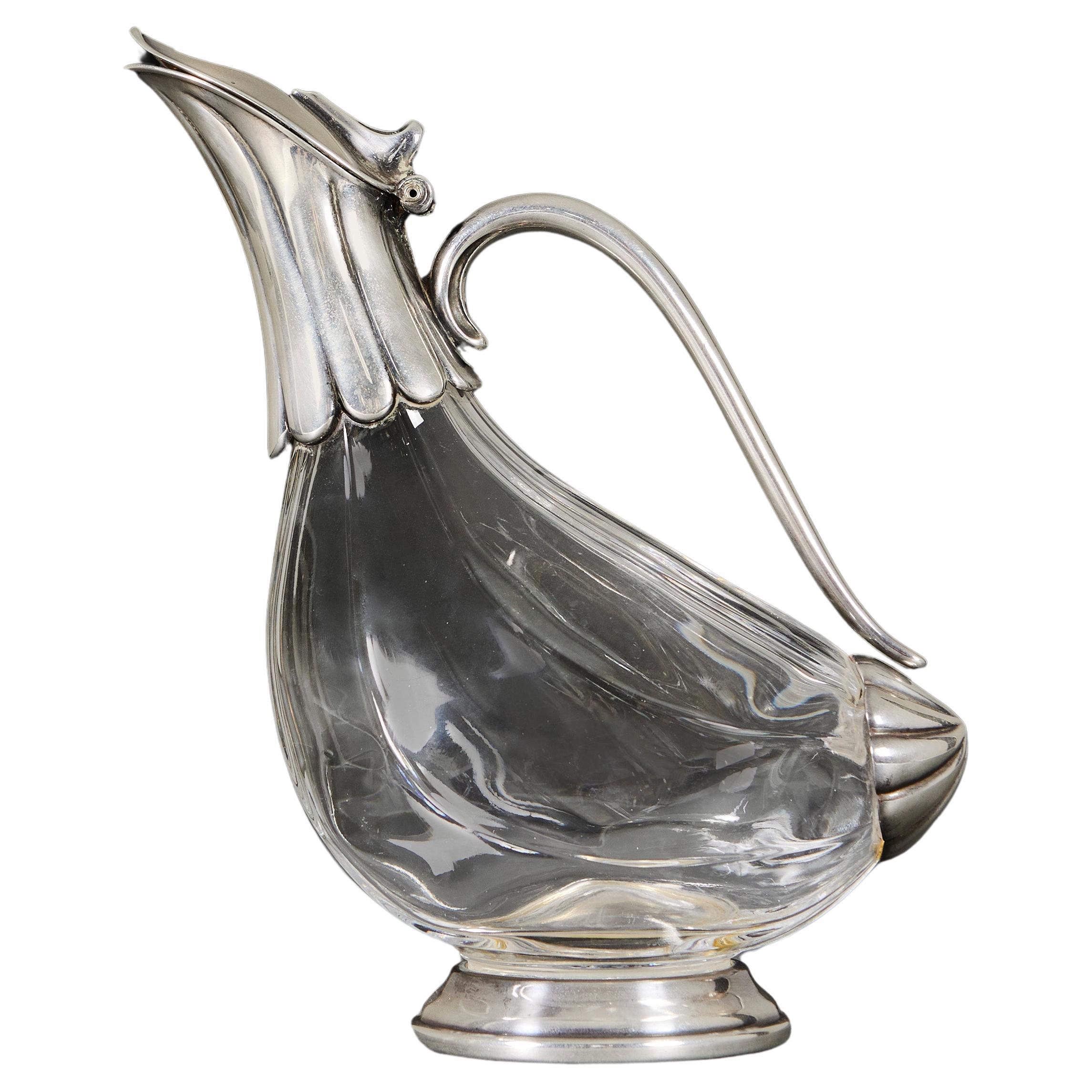 An Edwardian Zoomorphic Silver and Glass Duck Decanter For Sale