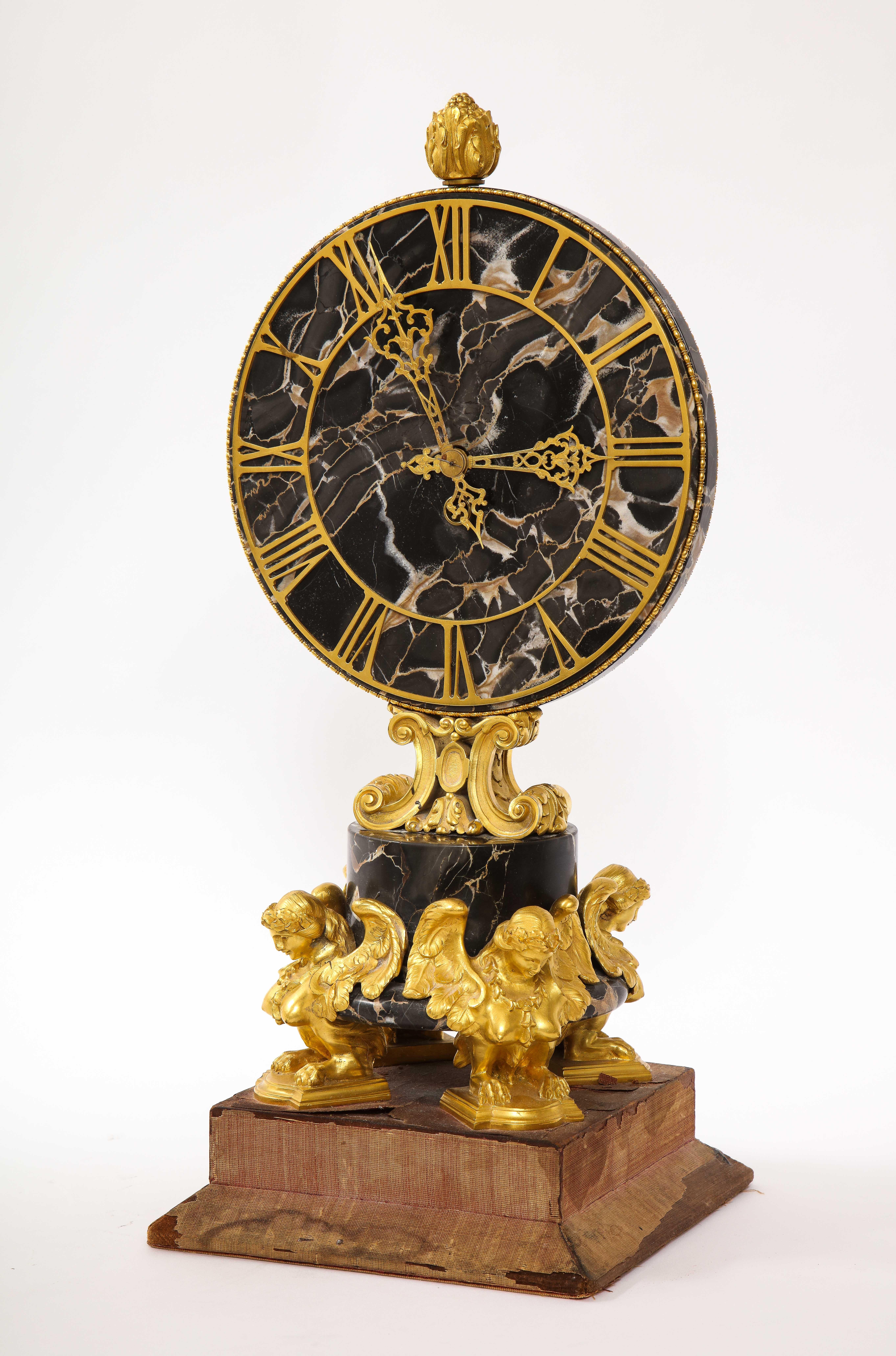 American E.F. Caldwell Veined Black Marble and Dore Bronze Mounted Sphinx Legged Clock For Sale