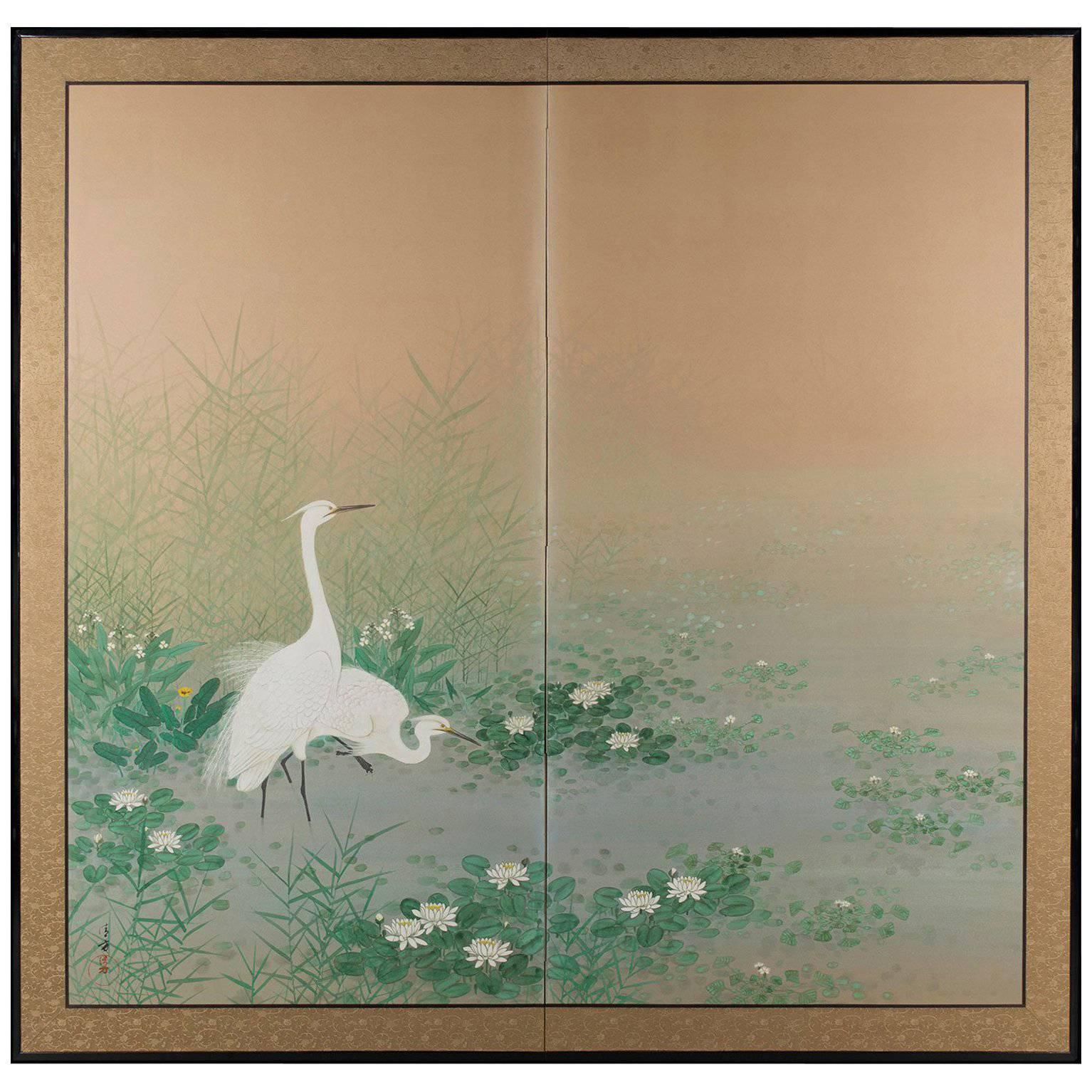 "Egrets Amongst Lotuses" Japanese Paper Byobu Screen, c. 1920 For Sale