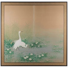 "Garzas entre lotos" Biombo japonés de papel Byobu, c. 1920