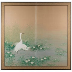 Antique "Egrets Amongst Lotuses" Japanese Paper Byobu Screen, c. 1920