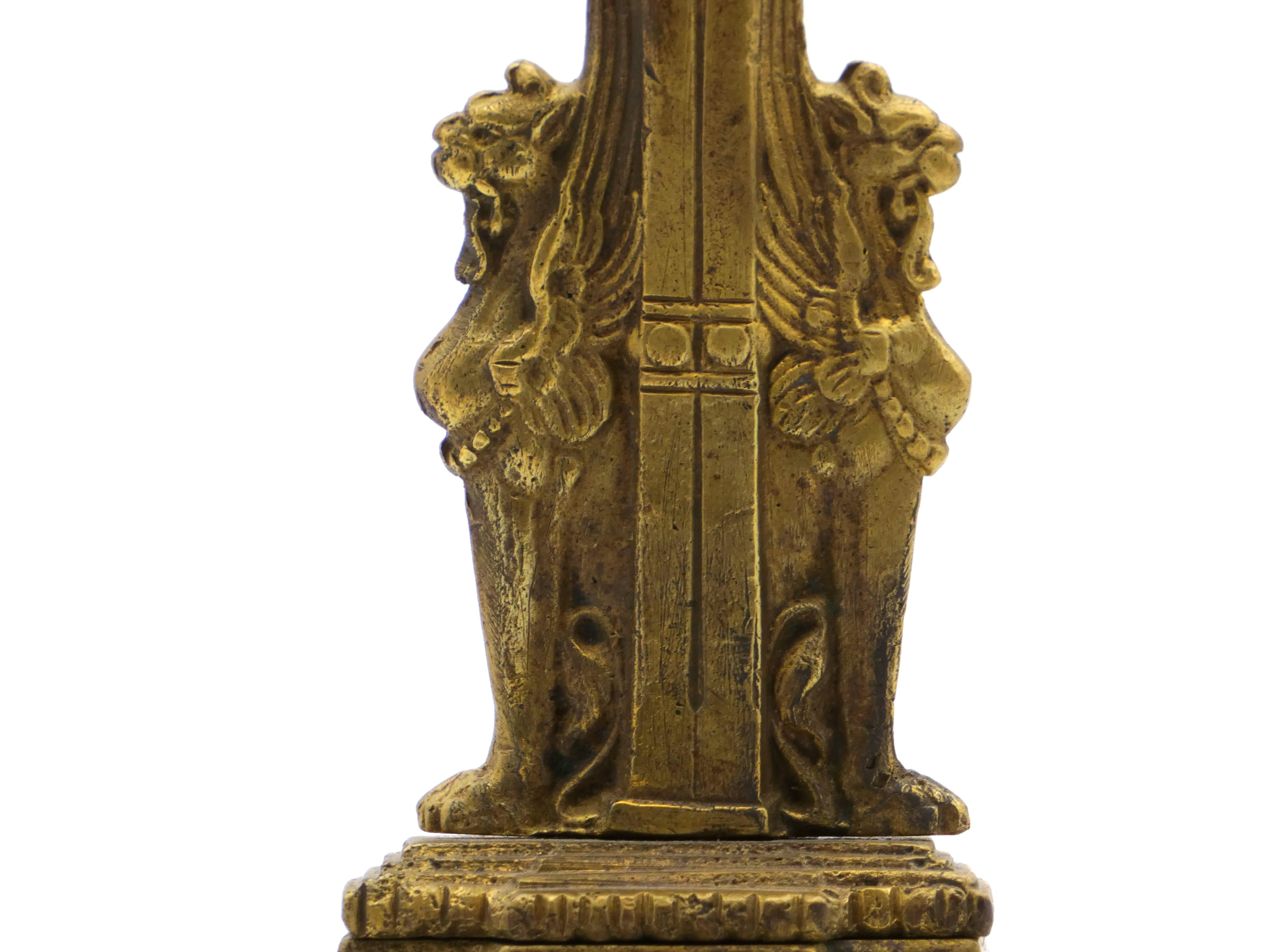 An Egyptian-Revival German Brass Hanukkah Menorah, late 19th century In Good Condition For Sale In New York, NY