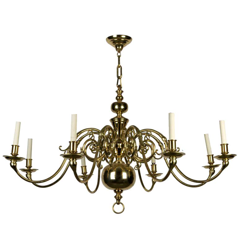 AHL3535
A vintage 1950s Dutch Colonial style eight arm solid cast brass chandelier in its original worn polished finish. From the Sagamore Hotel in Lake George, NY. 

Current height: 66