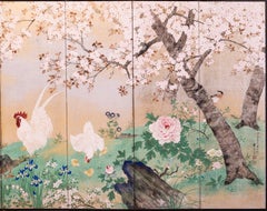 An eight-panel silver-leaf folding screen depicting a spring scene