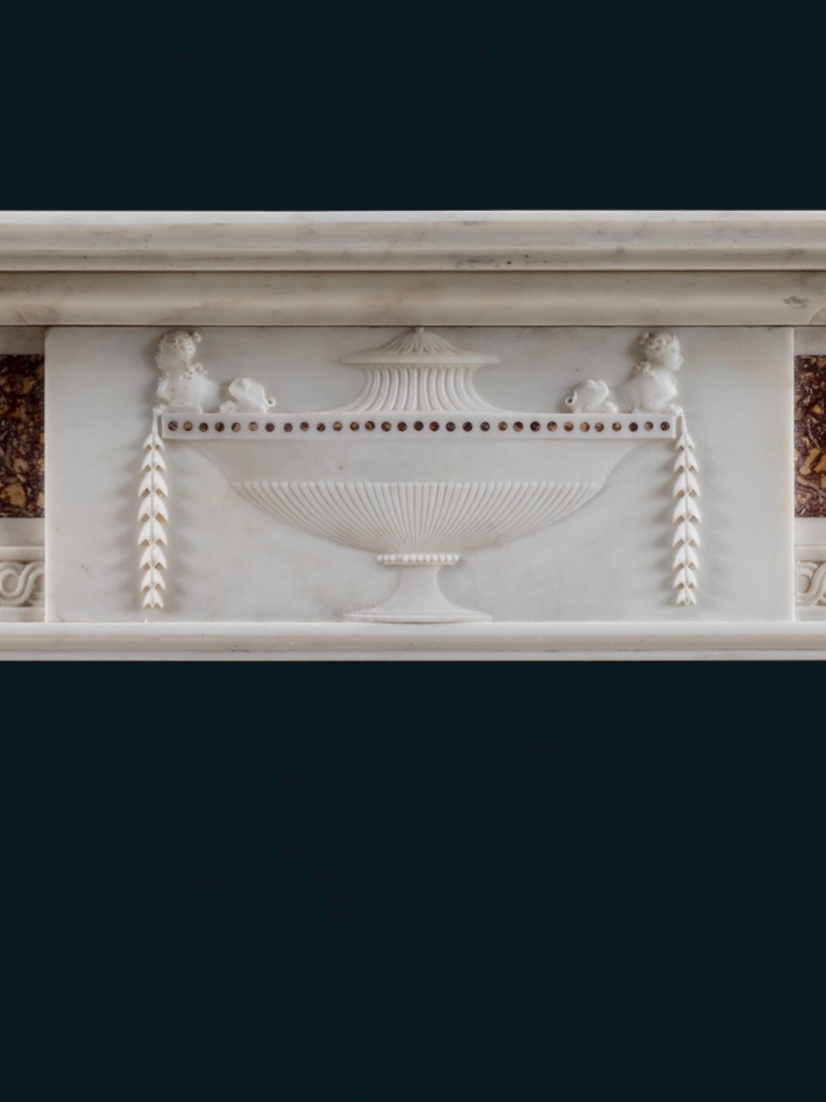 Hand-Carved An Eighteenth Century White Statuary and Brocatello Marble Chimneypiece For Sale
