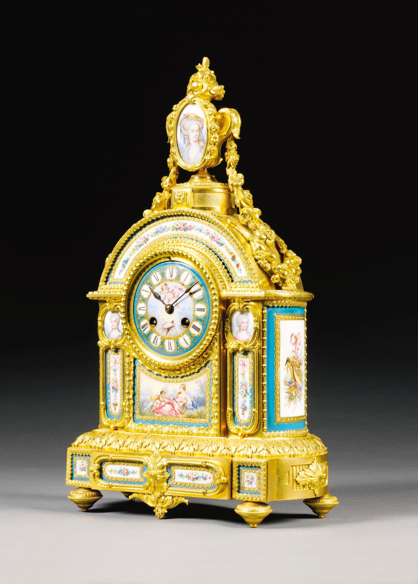 Louis XVI Elaborate Gilt Bronze and Sèvres-style Porcelain Mantel Clock, circa 1870 For Sale