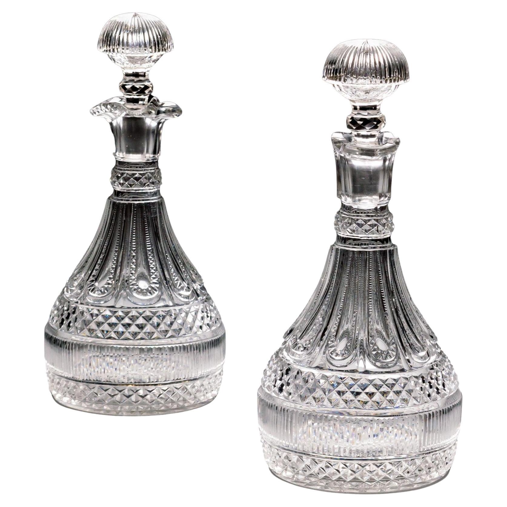 An Elaborately Cut Pair Of Regency Semi Ships Decanters By Perrin & Geddes For Sale
