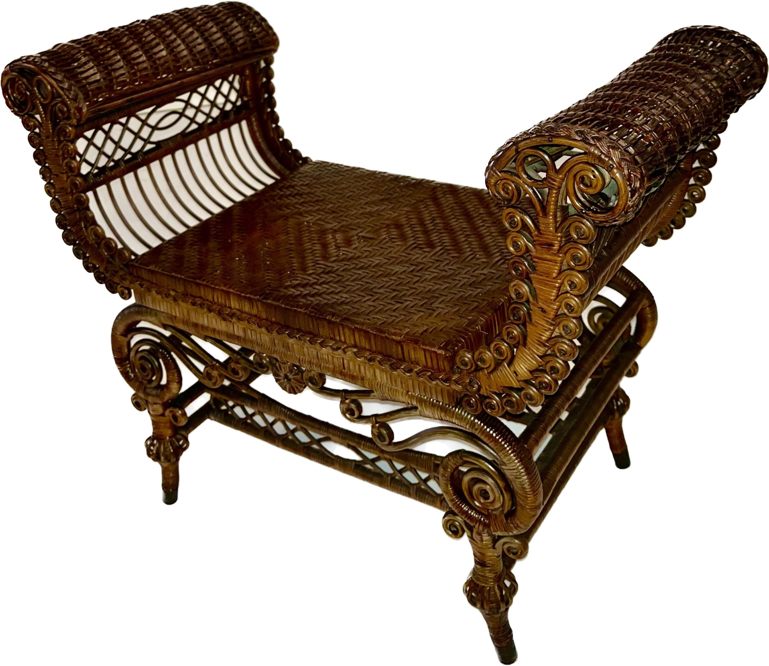 A very rare Antique Wicker Turkish Bench in natural finish designed and made by the Wakefield Rattan Company, Wakefield ,Massachusetts C.1890. This wonderful wicker bench is a glowing example of the golden age of wicker furniture. Its over the top