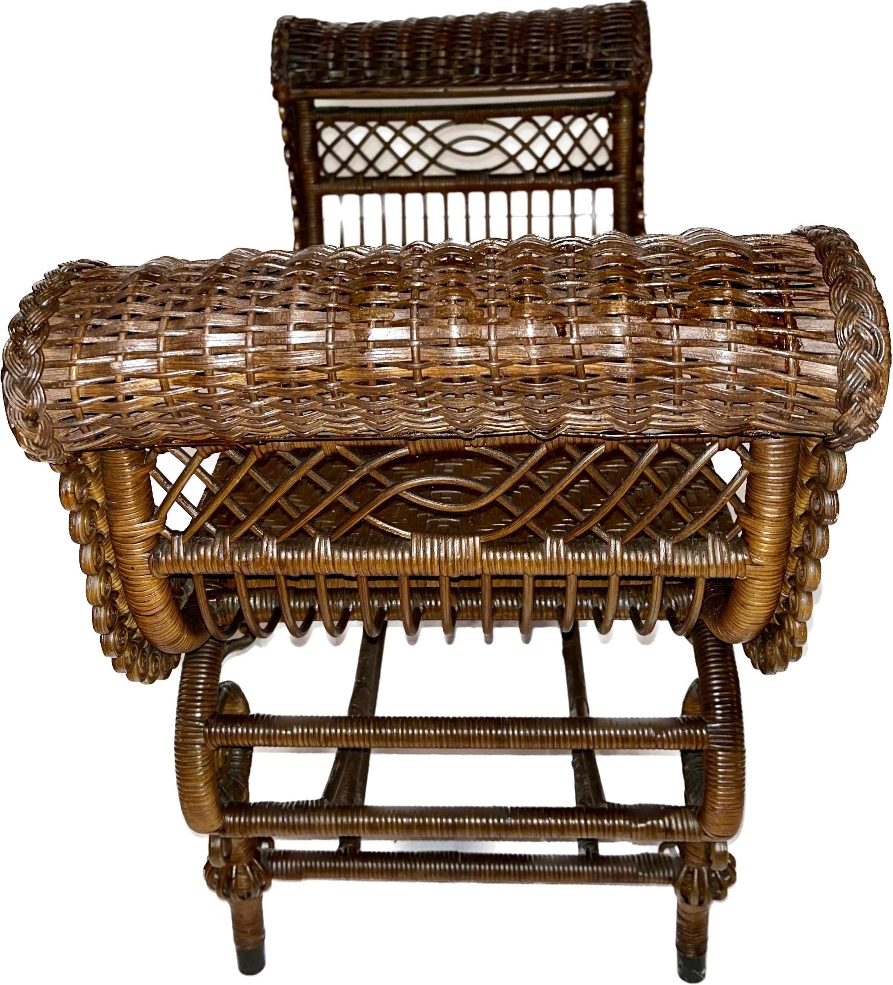 Victorian Elaborately Decorated Antique Wicker Turkish Bench in Natural Finish For Sale