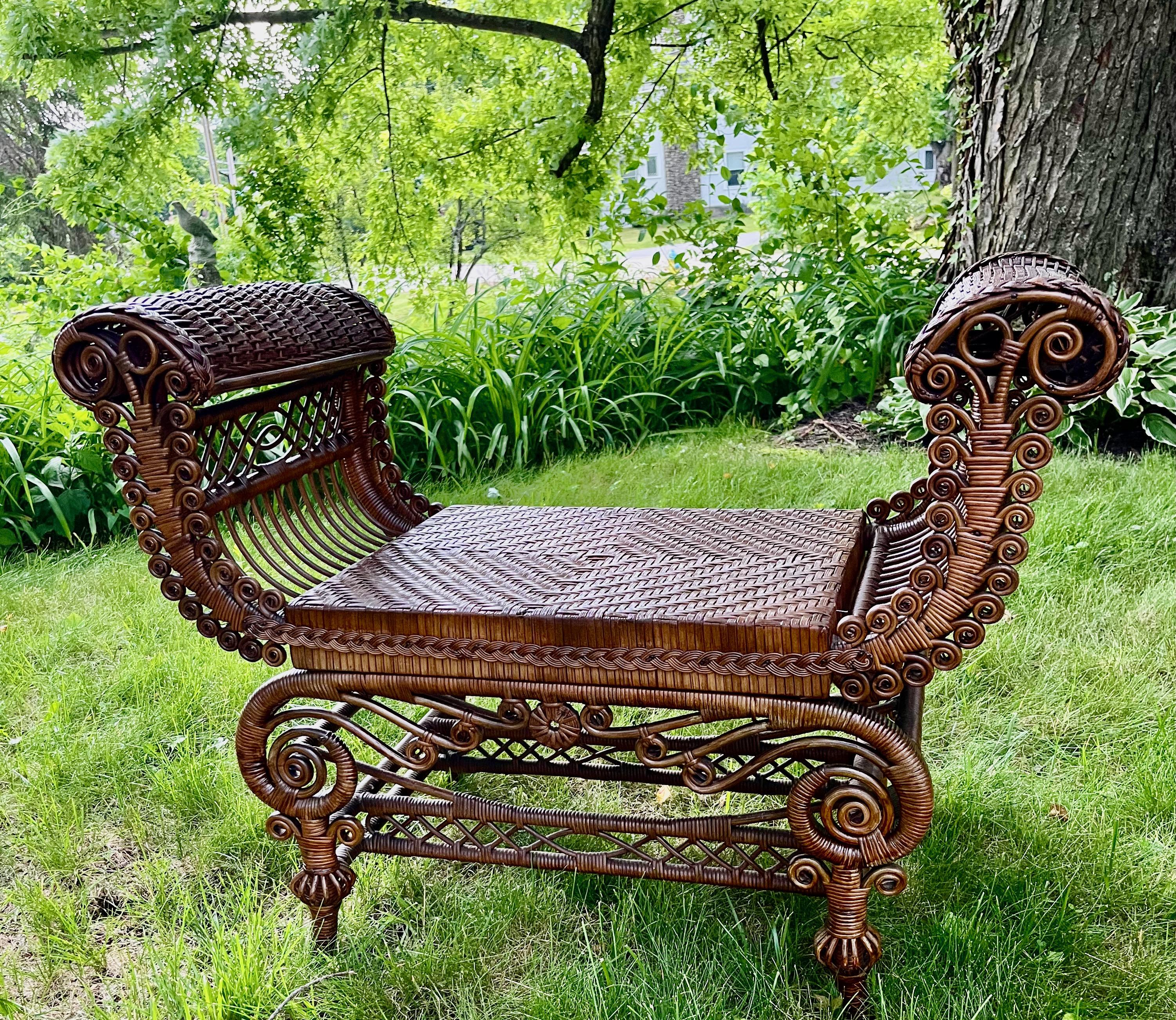 Stained Elaborately Decorated Antique Wicker Turkish Bench in Natural Finish For Sale