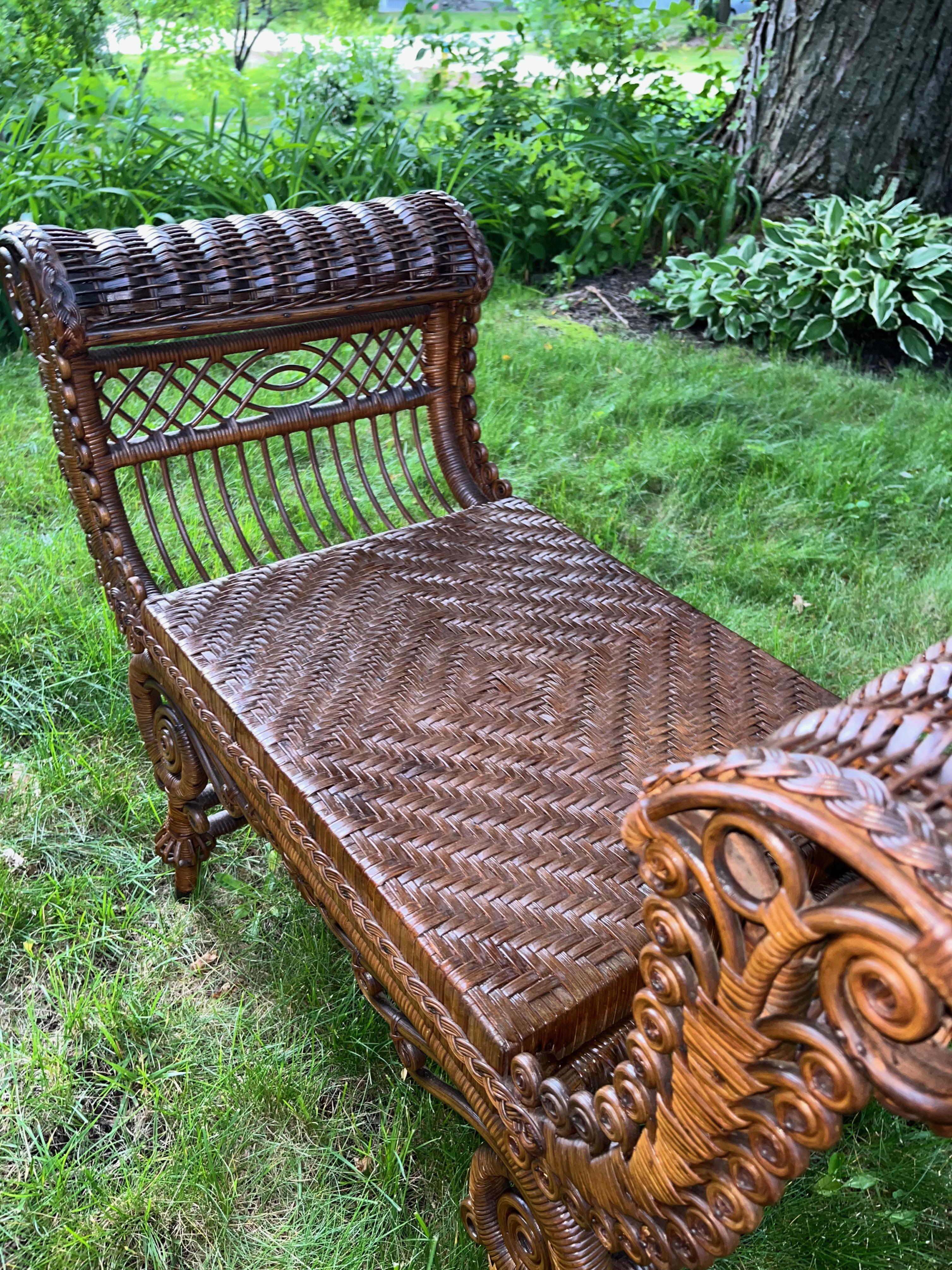 Elaborately Decorated Antique Wicker Turkish Bench in Natural Finish In Good Condition For Sale In Nashua, NH