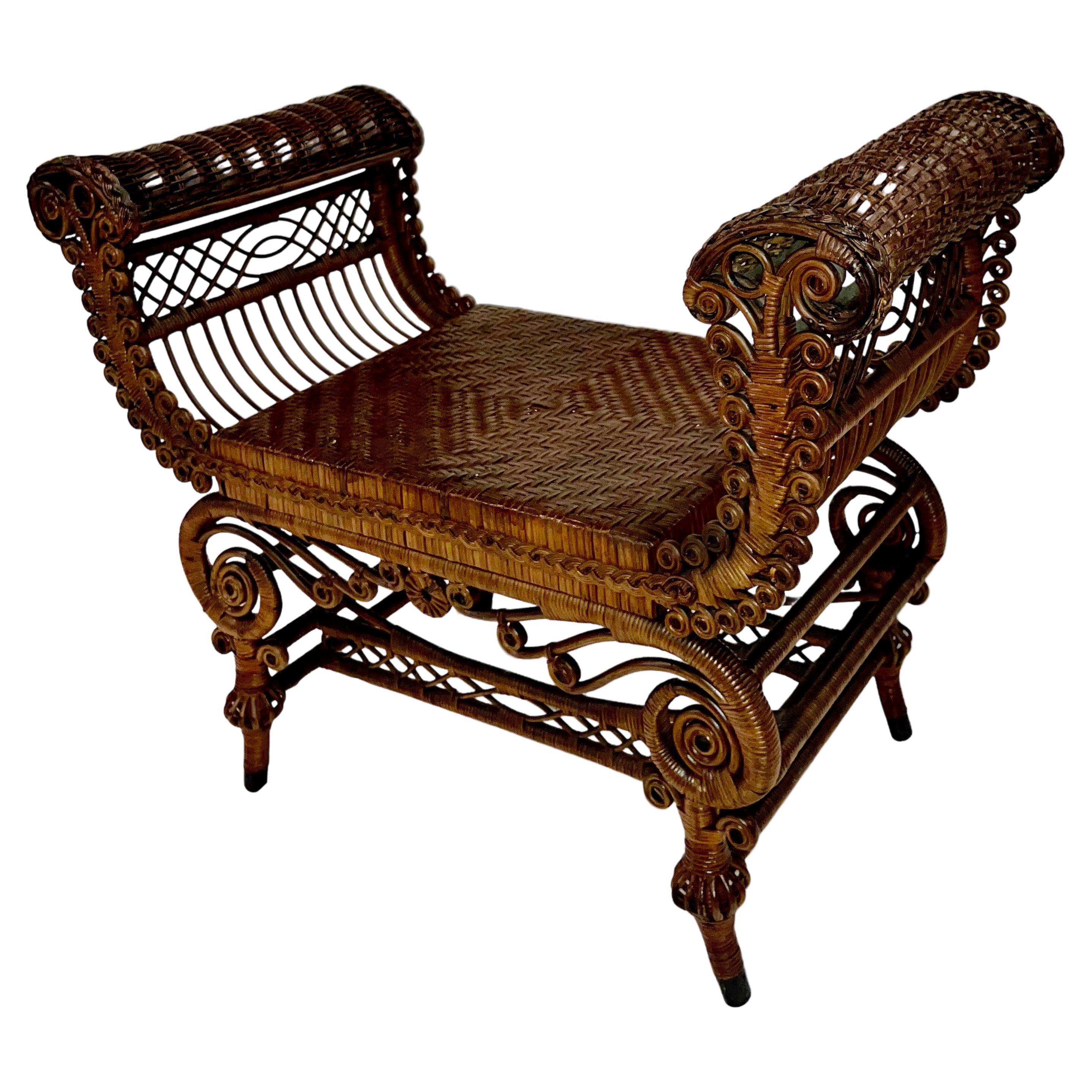 Elaborately Decorated Antique Wicker Turkish Bench in Natural Finish For Sale
