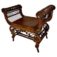Elaborately Decorated Vintage Wicker Turkish Bench in Natural Finish