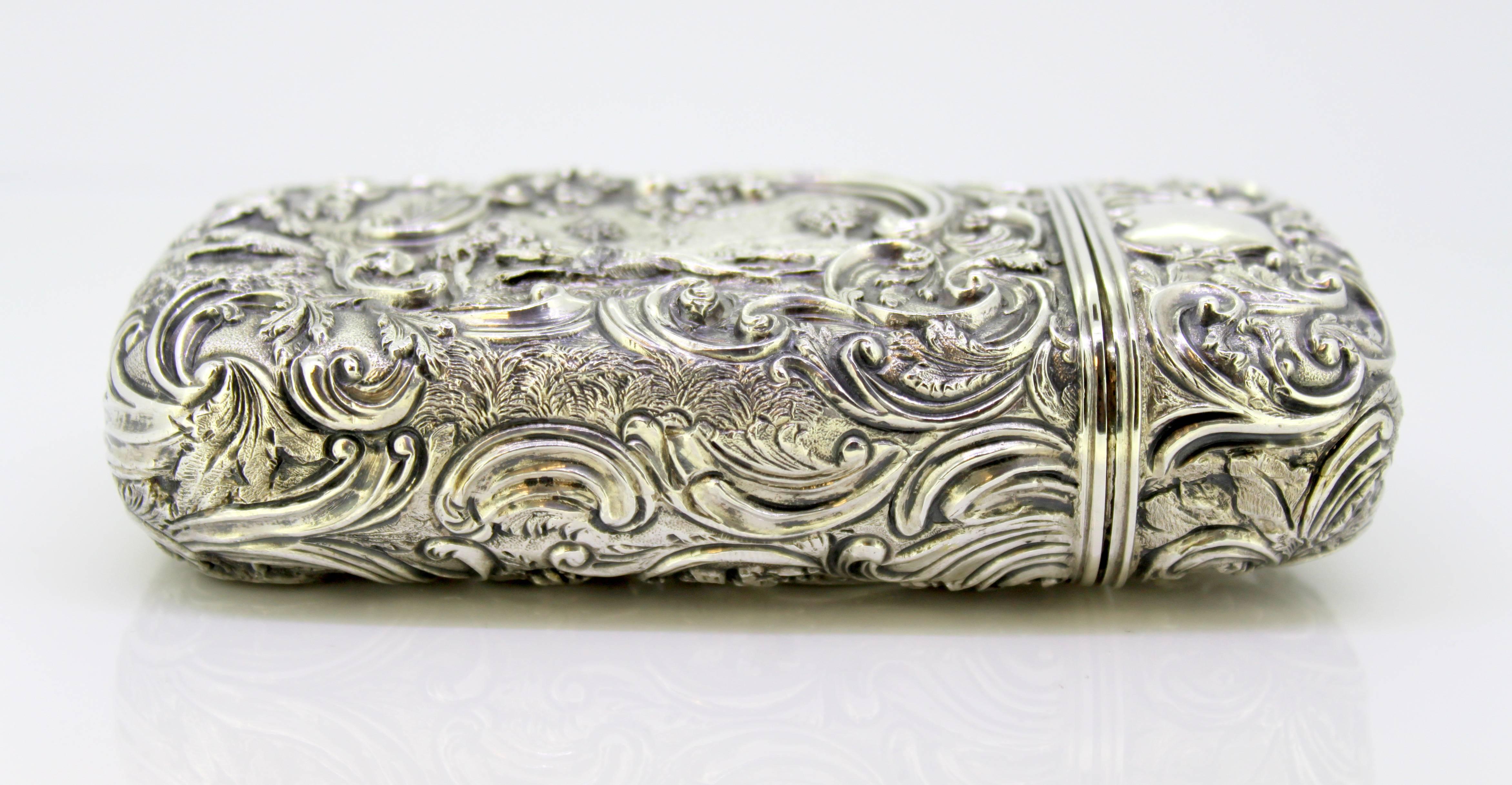 Antique Victorian silver elaborately engraved hunting scene case
Maker: Roberts & Belk
Made in Sheffield 1891
Fully hallmarked.

Dimensions - 
Size : 12.7 x 6 x 3.3 cm
Weight : 120 grams

Condition: Surface wear and tear from general usage,