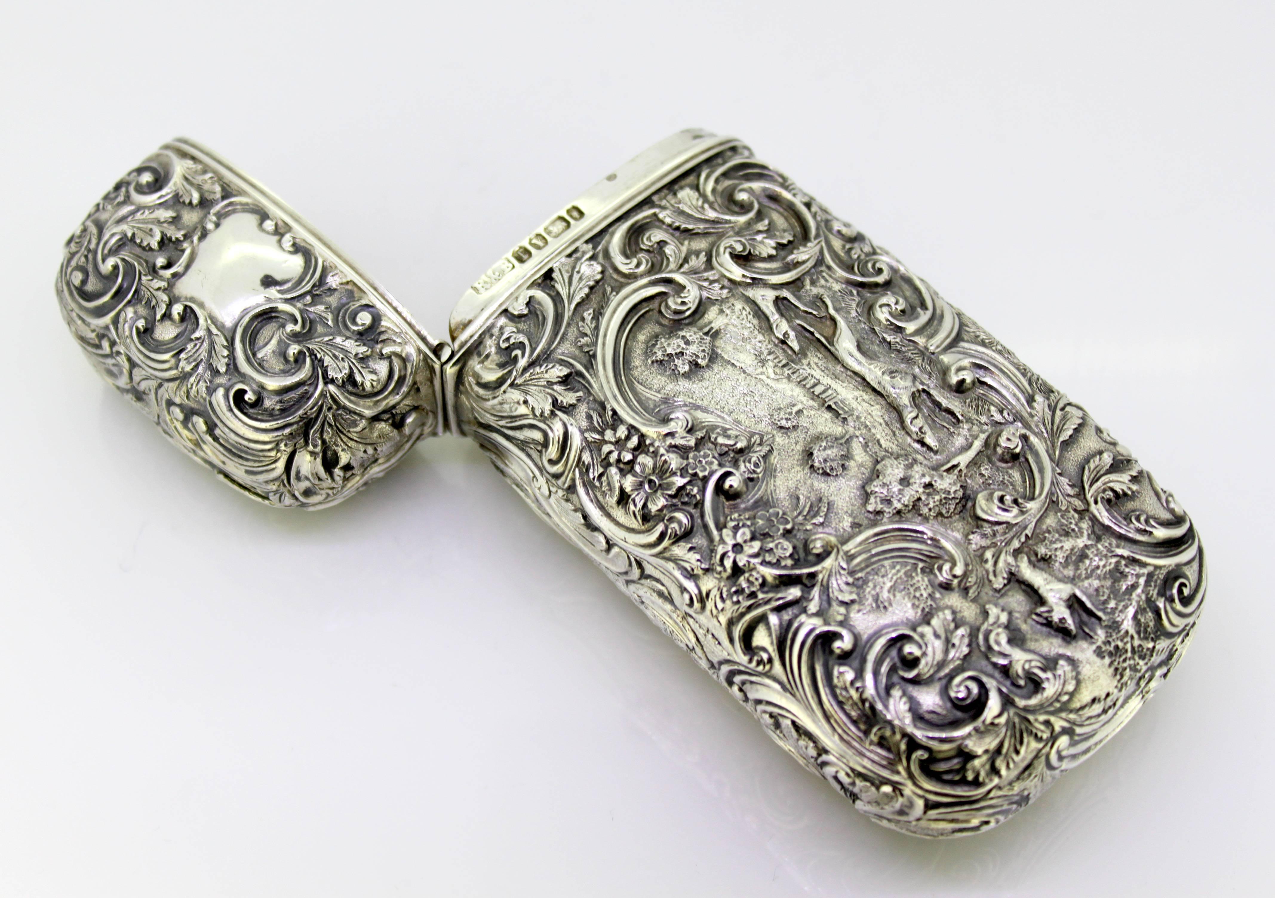 Sterling Silver Elaborately Engraved Victorian Silver Case with Hunting Scene, Roberts & Belk