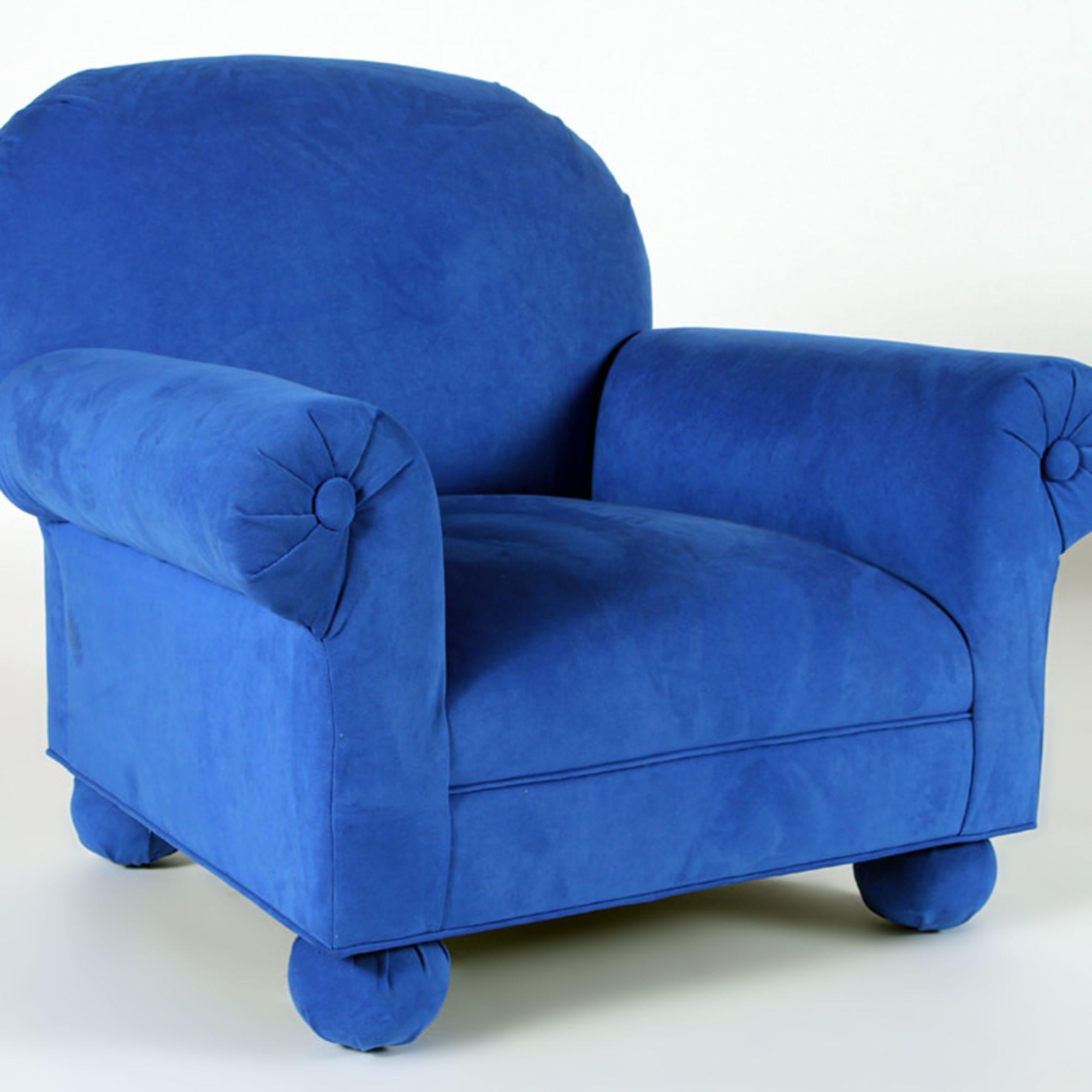 North American Electric Blue Upholstered Custom Made Roll Arm Club Chair, circa 1995 For Sale
