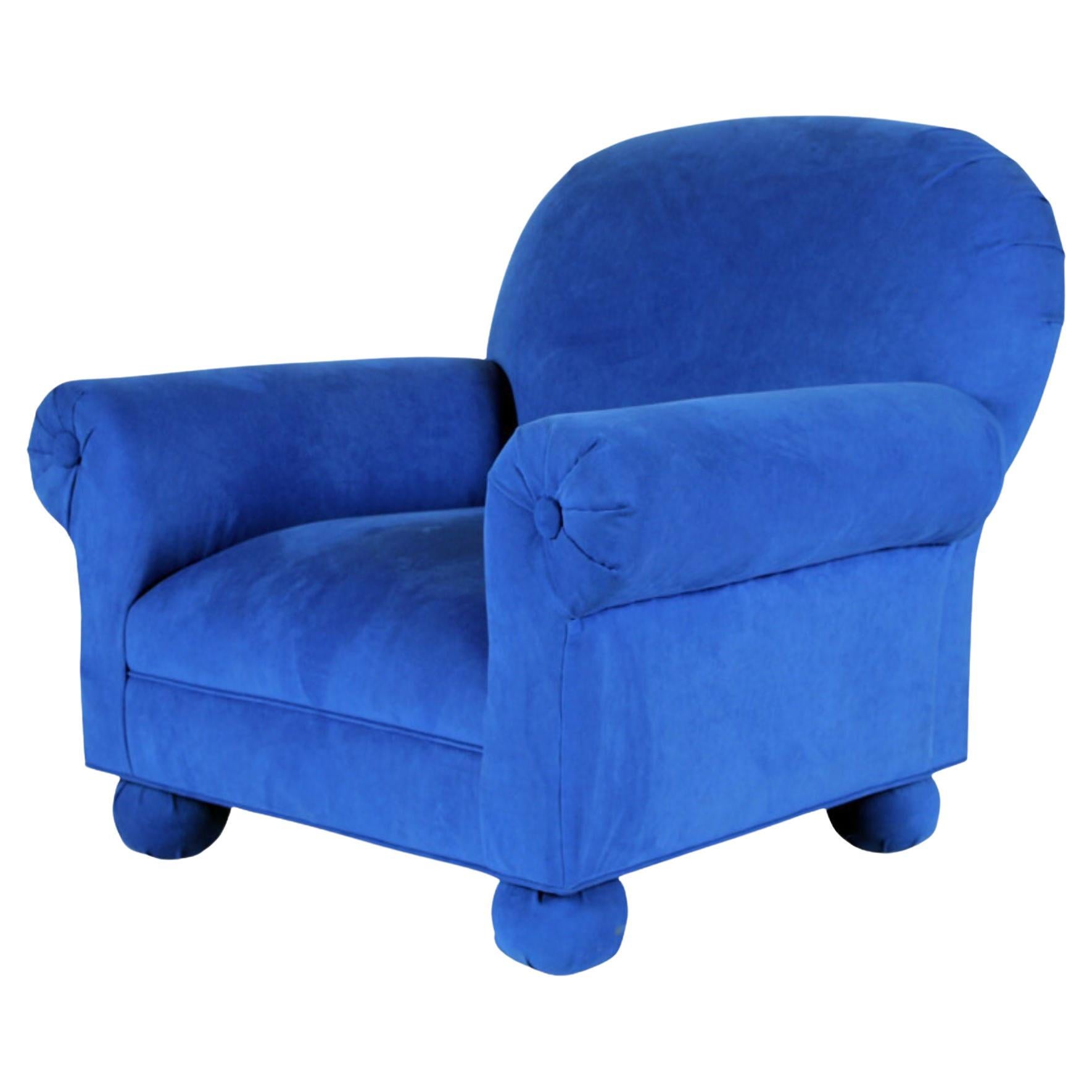 Electric Blue Upholstered Custom Made Roll Arm Club Chair, circa 1995